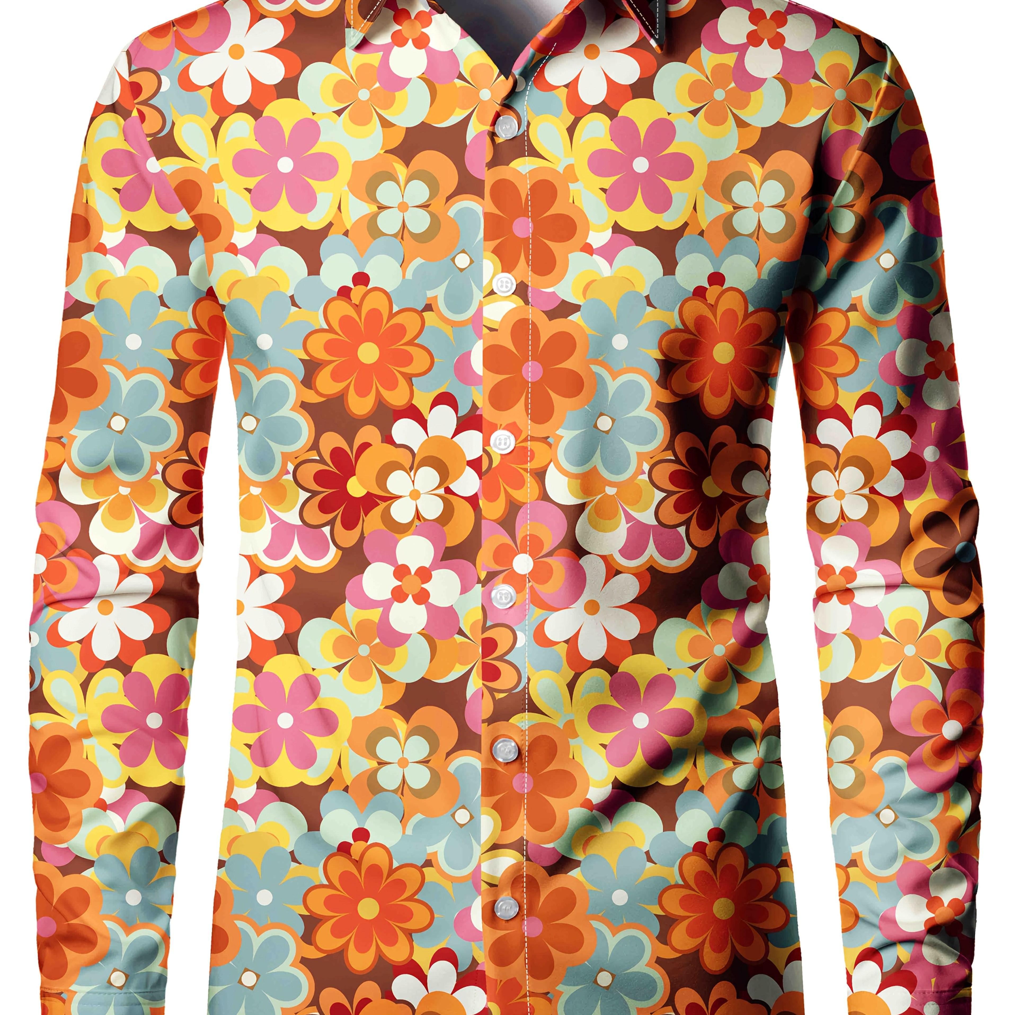 TEMU Men's Long Sleeve Shirt Flower Print Shirt