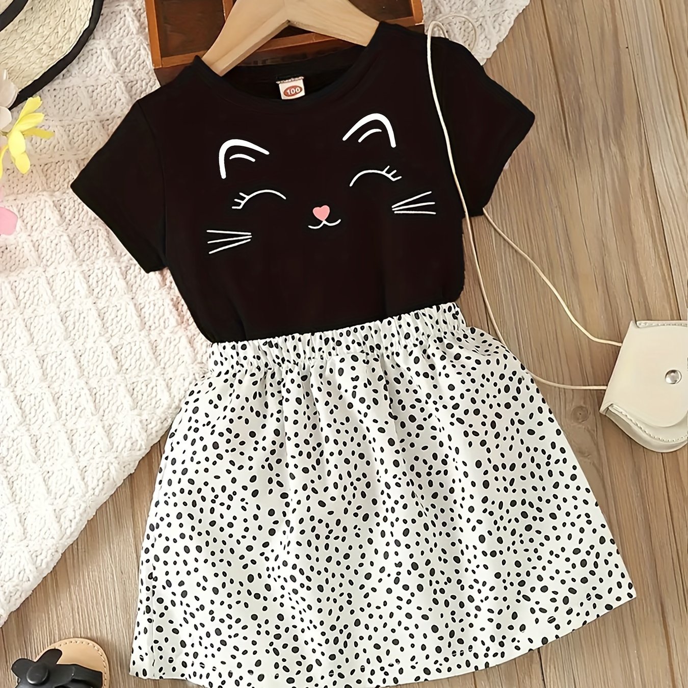 Image of Girls' Outfit Summer Style Cat Smile Print Solid Round Neck Short Sleeve T-shirt And White Skirt 2pcs Set Casual Comfortable Fashion Outfit