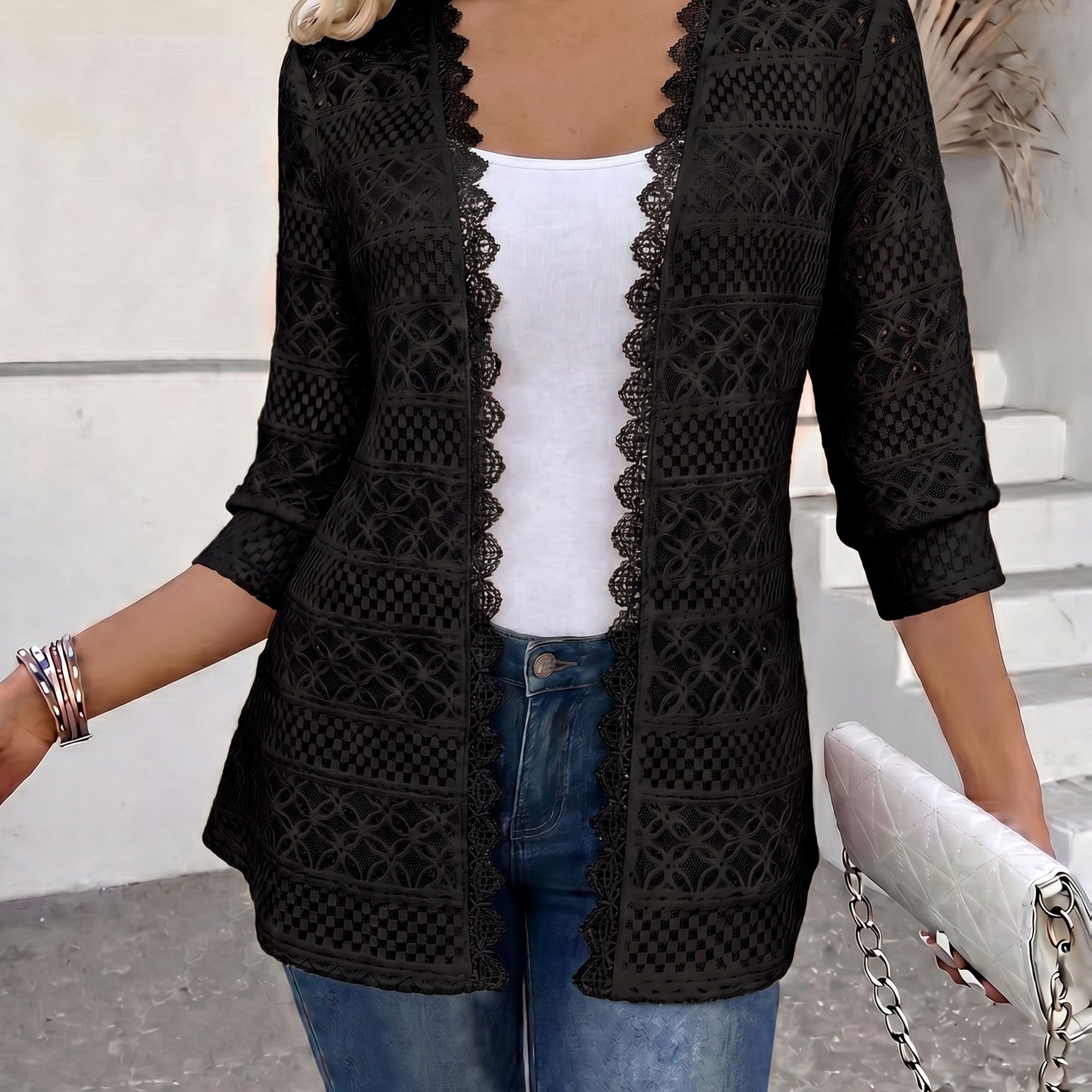 TEMU Women's Elegant And Fashionable Comfortable Breathable Jacquard Lace Embroidered Trim Open-front Mid-sleeve Top, Women's Mid-sleeve Cardigan