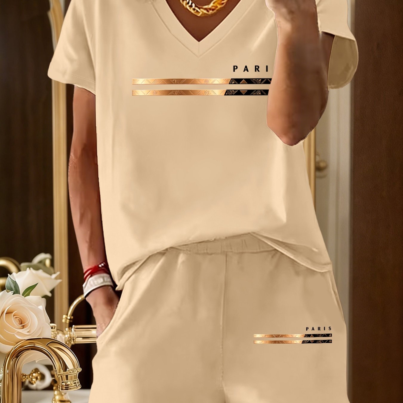 TEMU 2pcs V-neck Printed Casual Set, Simple And Stylish Design, Comfortable And Versatile, New Summer Y2k Style Women's Casual Sportswear, Elegant