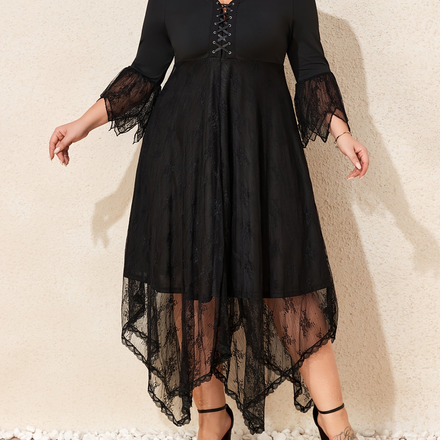 Plus Size, Plus Size Women Lace Gothic Midi Dress Ladies Steampunk Party Long Dresses