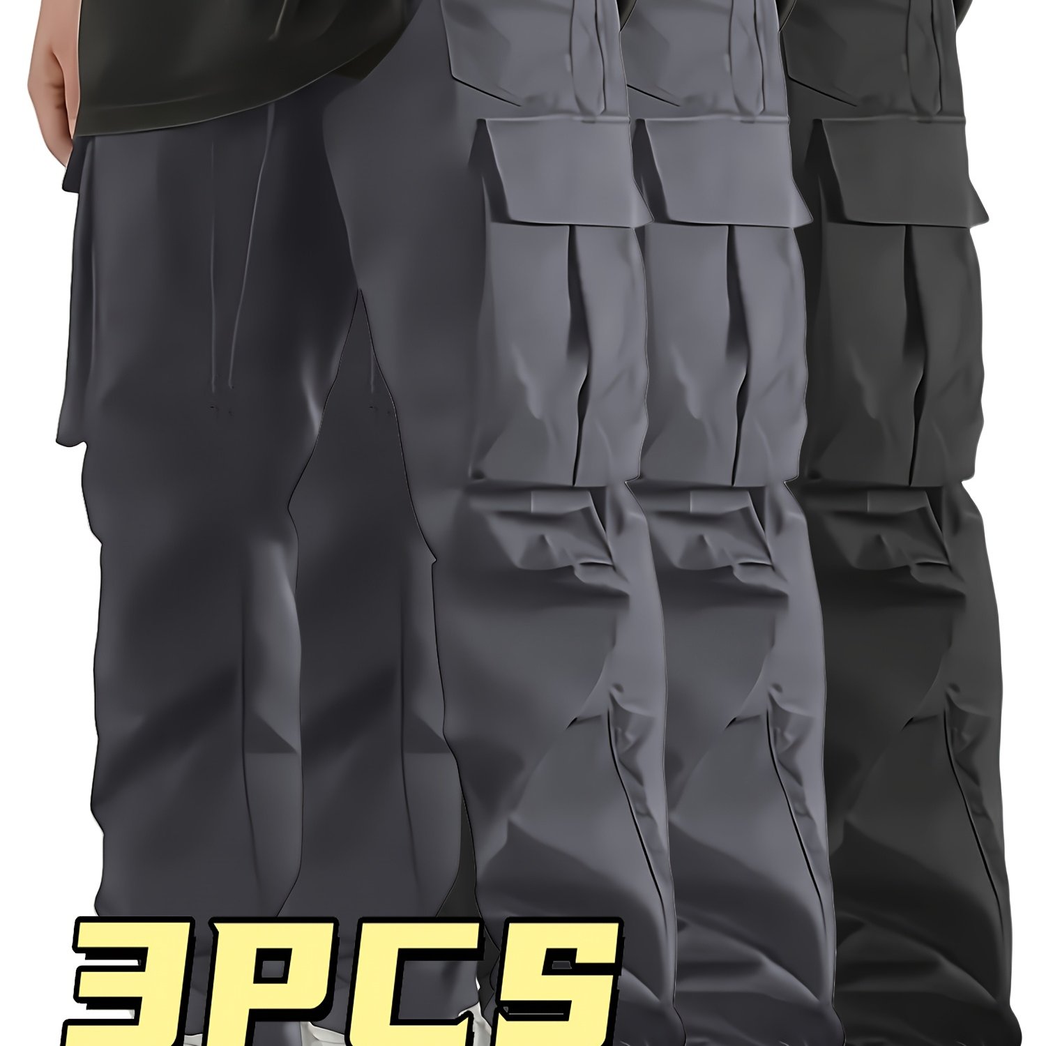Image of 3pcs Men's Loose Straight Cargo Pants, Casual Cargo Pants, Breathable And Comfortable Loosestraight Trousers, With Multiple Pockets, Comfortable In - Hiking, Fishing, Angling, Casual Outdoor Trousers