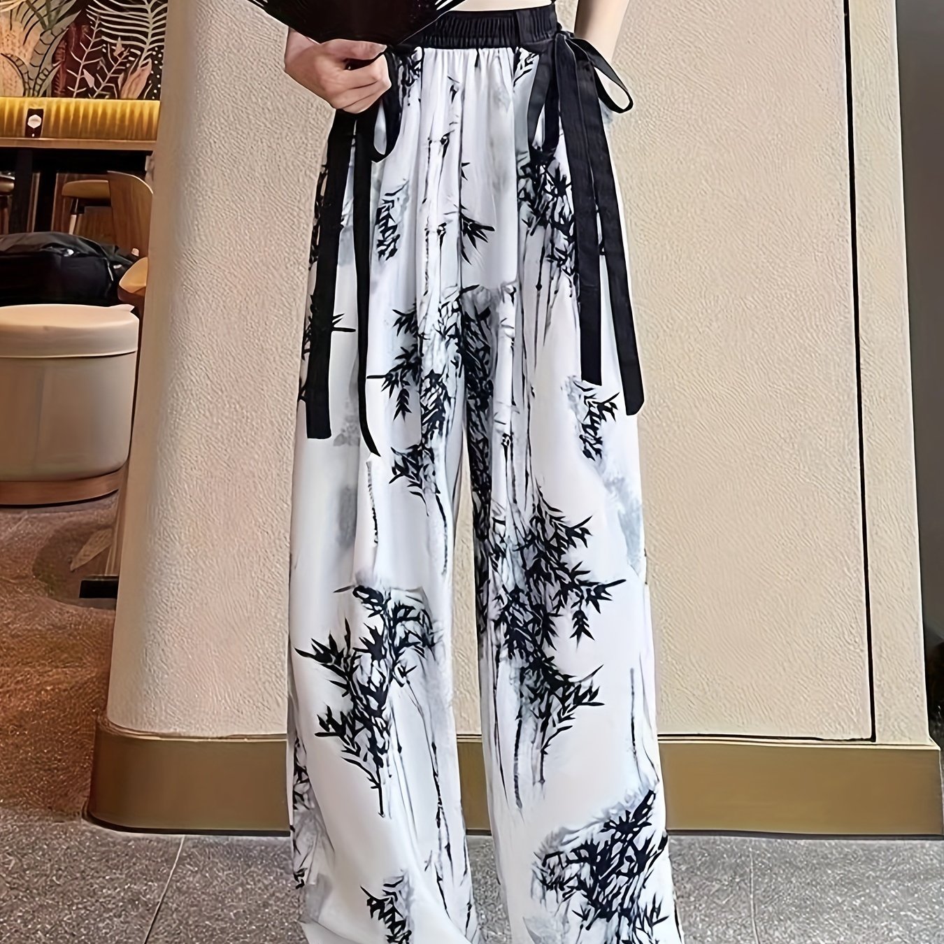 TEMU Chic Korean-inspired Women's Wide-leg Pants With Drawstring Waist - Casual, Breathable Polyester Blend, Machine Washable - All