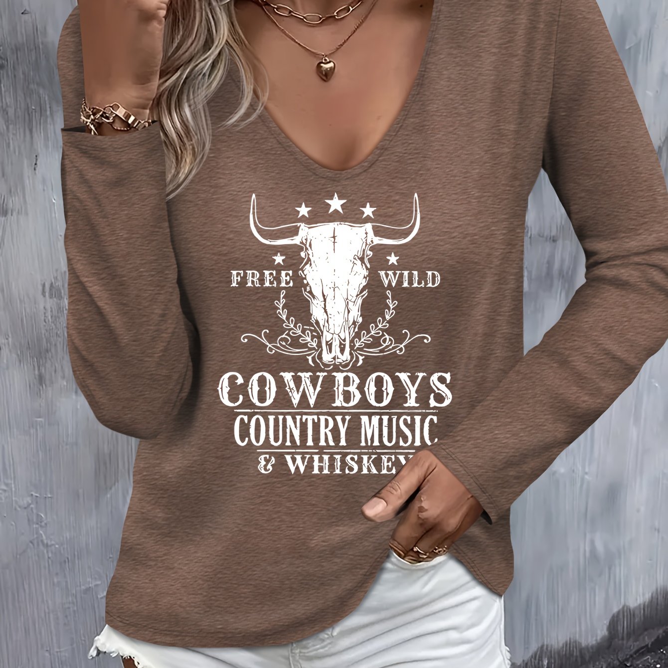 E-shop Western Musik Muster Druck Damen Herbst Winter Pullover Lässig Vielseitig Bequem Freizeit V-Ausschnitt Langarm T-Shirt
