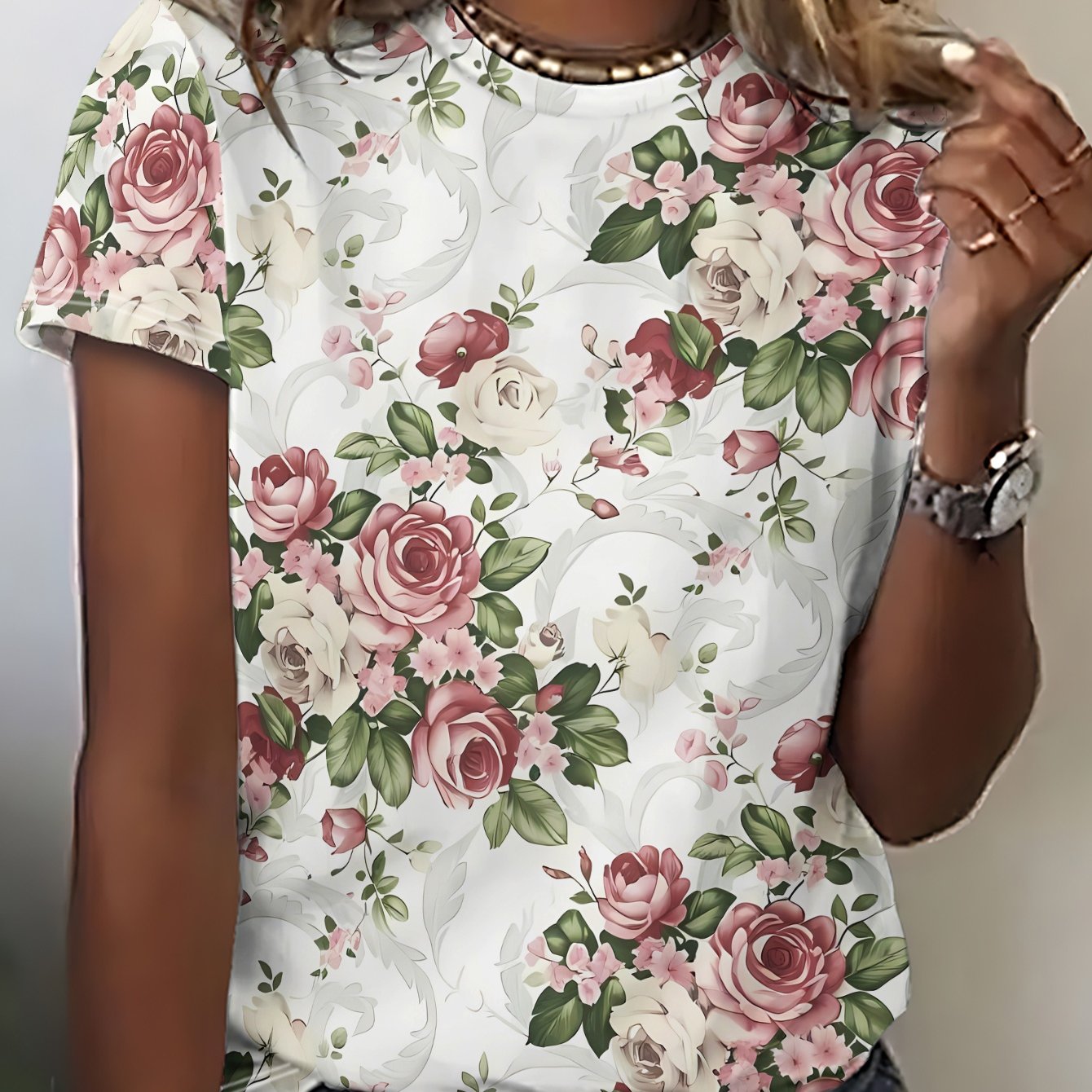 TEMU New Summer Women's Short-sleeve T-shirt, Featuring White Background With Pink And White Roses And Green Leaves, Presenting A Design - Made Of