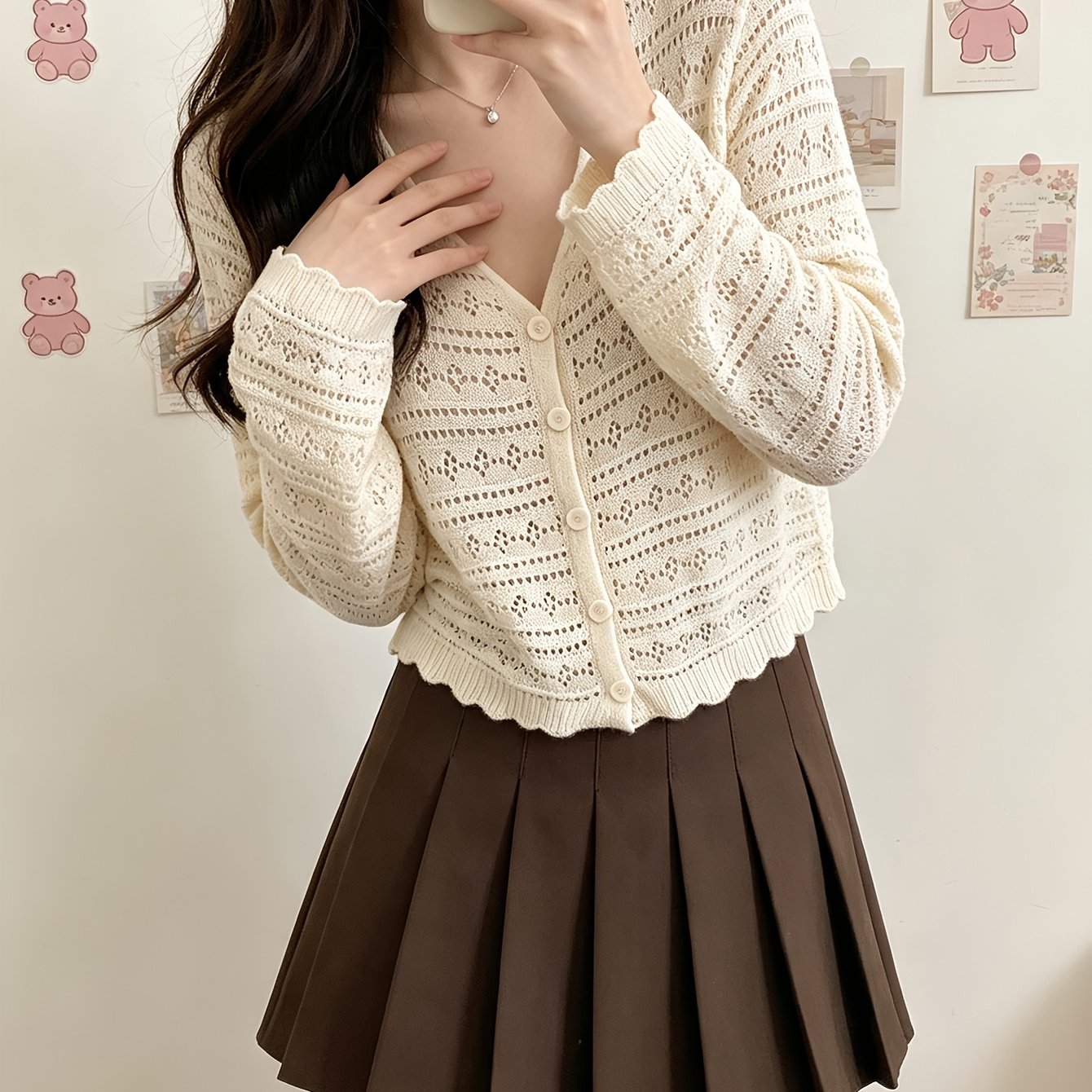 TEMU Women's Elegant Cardigan 2026 Autumn Winter Outerwear, Fashionable And Beautiful, Hollow Thin Sunscreen Warm Coat, Long Sleeve Short Length