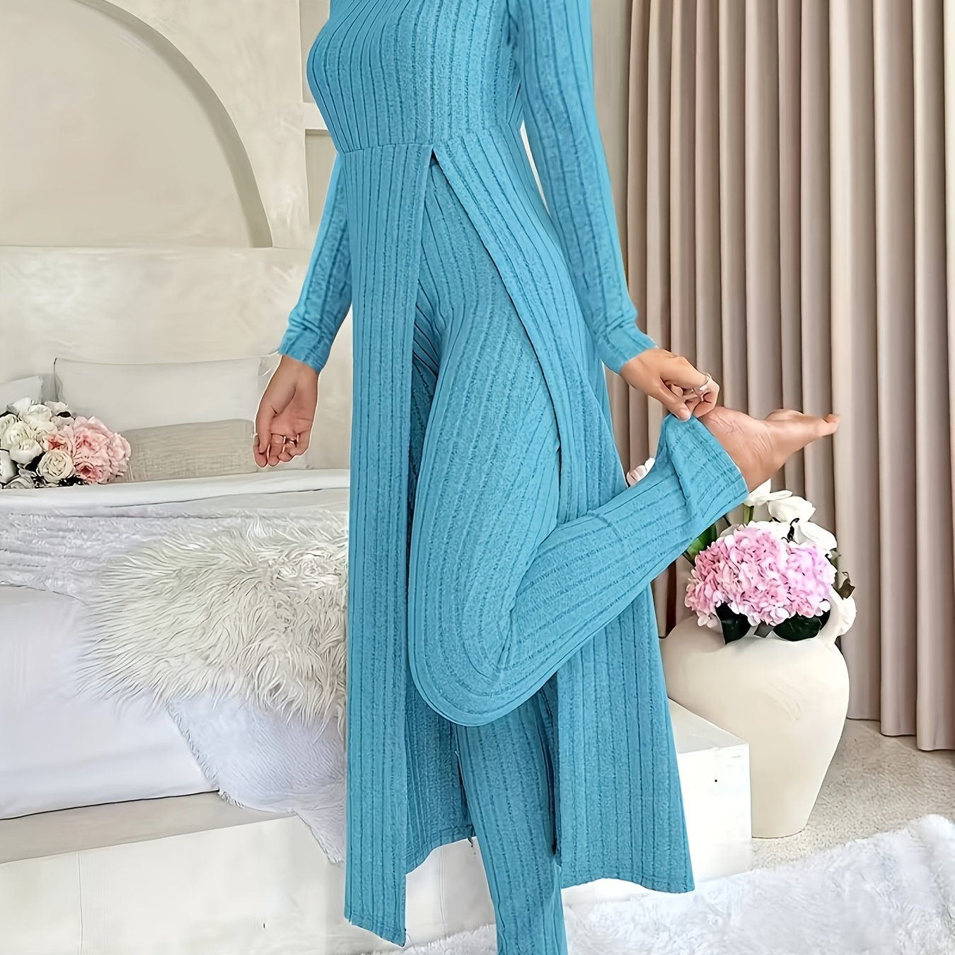 TEMU Autumn-winter Casual Robe And Long Pants Set, High Slit Dress Set, Hair Needle Material, Suitable For Daily Wear, Home Casual Wear