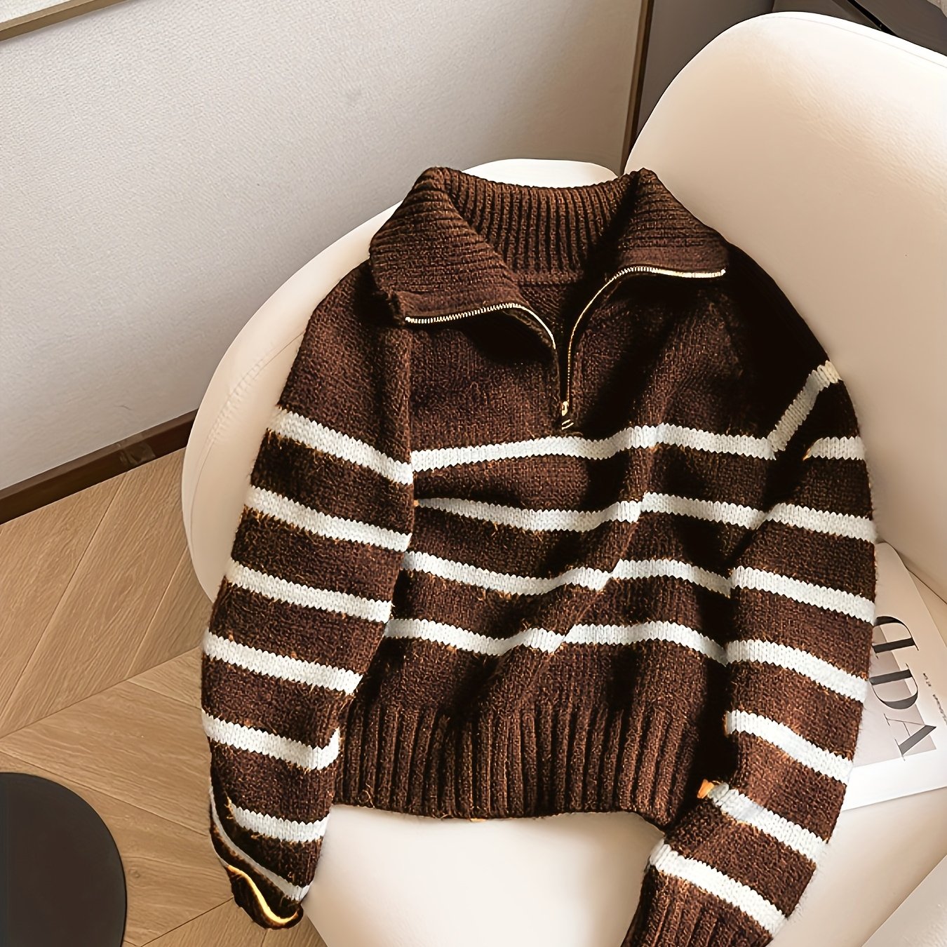 Image of Striped Contrast Color Lapel Sweater For Women, New Autumn/winter Thickened Half-zip Loose Soft Sweater
