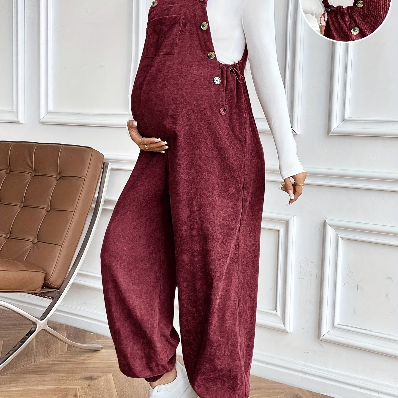 TEMU Casual Maternity Overalls Corduroy Jumpsuit With Adjustable Waist For Daily - Loose Fit - Formal Style - Autumn & Winter