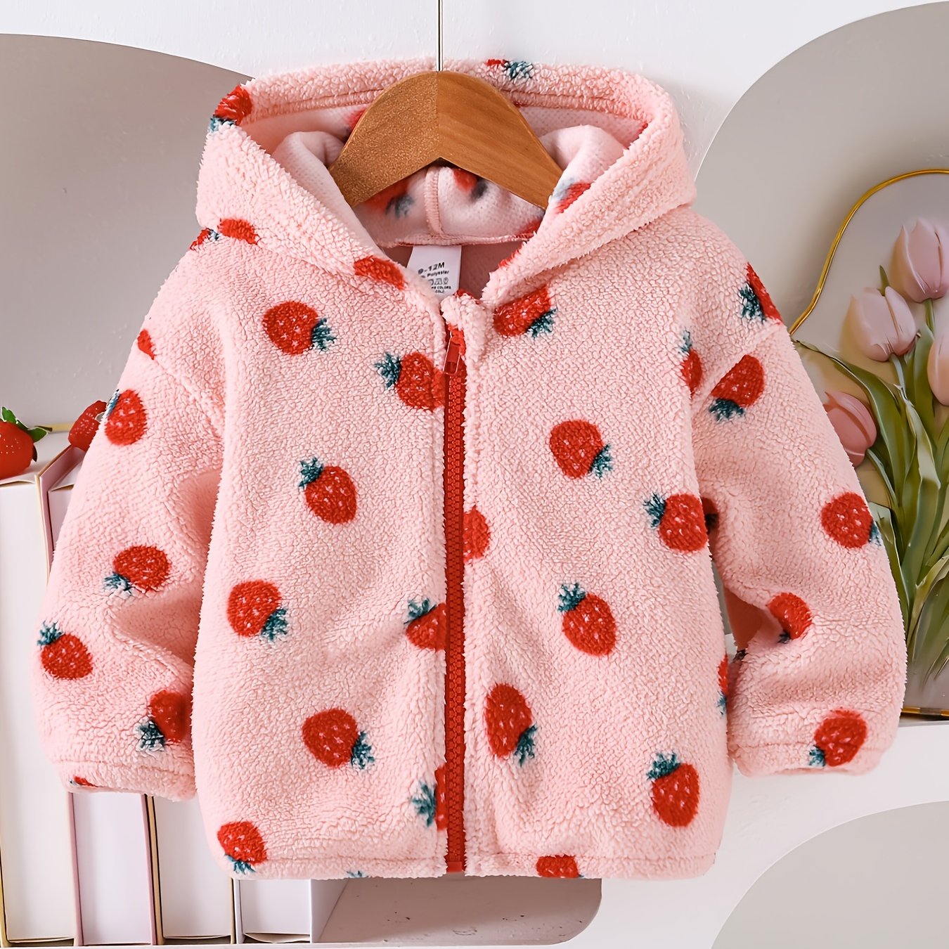 Image of Cute Girls' Clothing Strawberry Print Hooded Jacket Plush Cute Warm Daily Outfit,fall And Winter Clothes