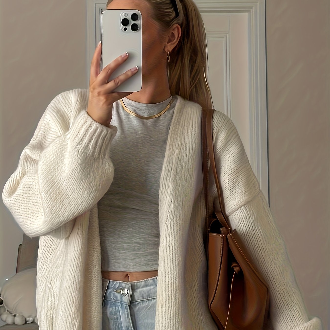 TEMU No-button Open Cardigan Loose Casual Open Front Sweater, Women's Sweater