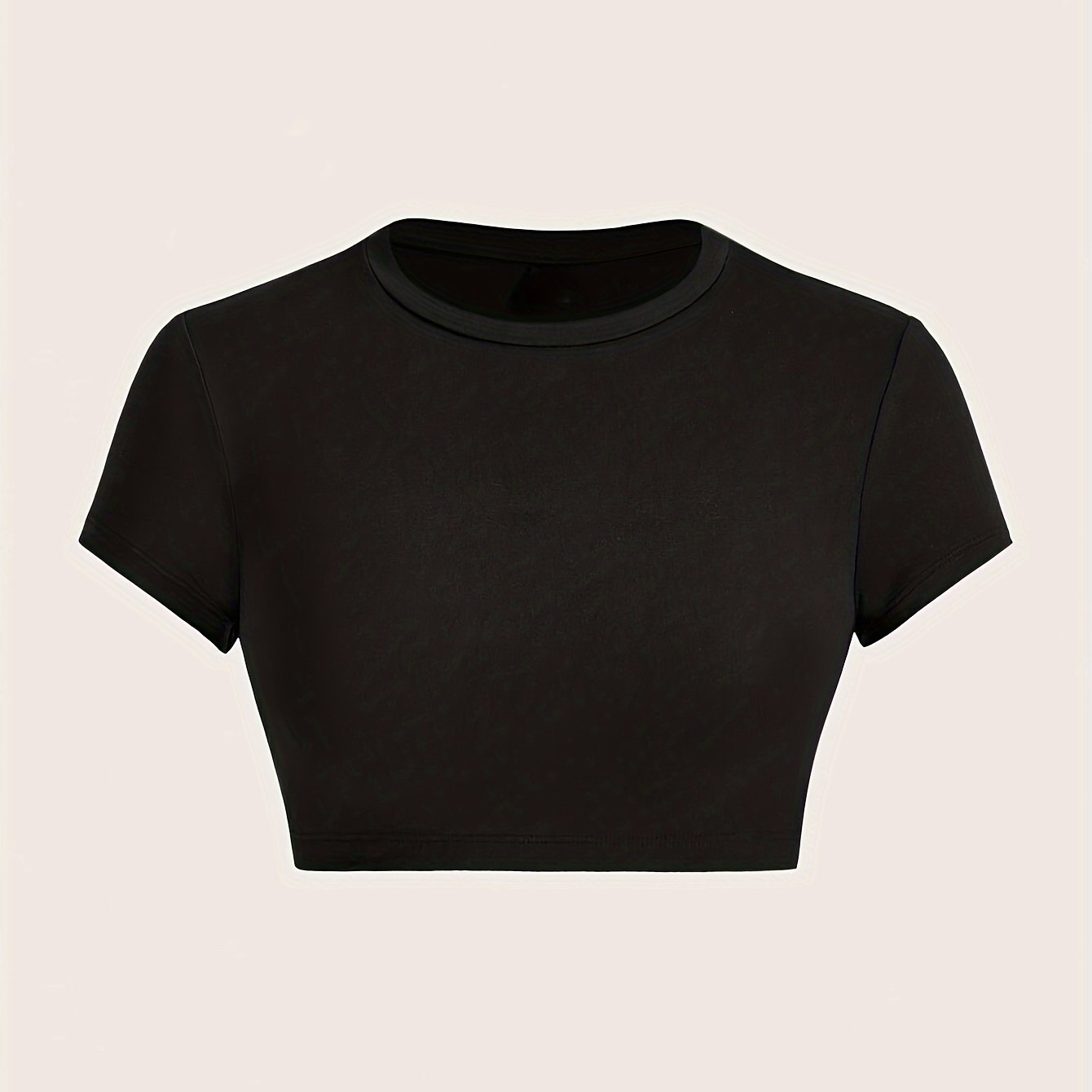 TEMU Women's Slim-fit Cropped T-shirt - Elegant Short-length Round Neck Solid Color Top, Machine Washable & Dry , Versatile Layering Essential For