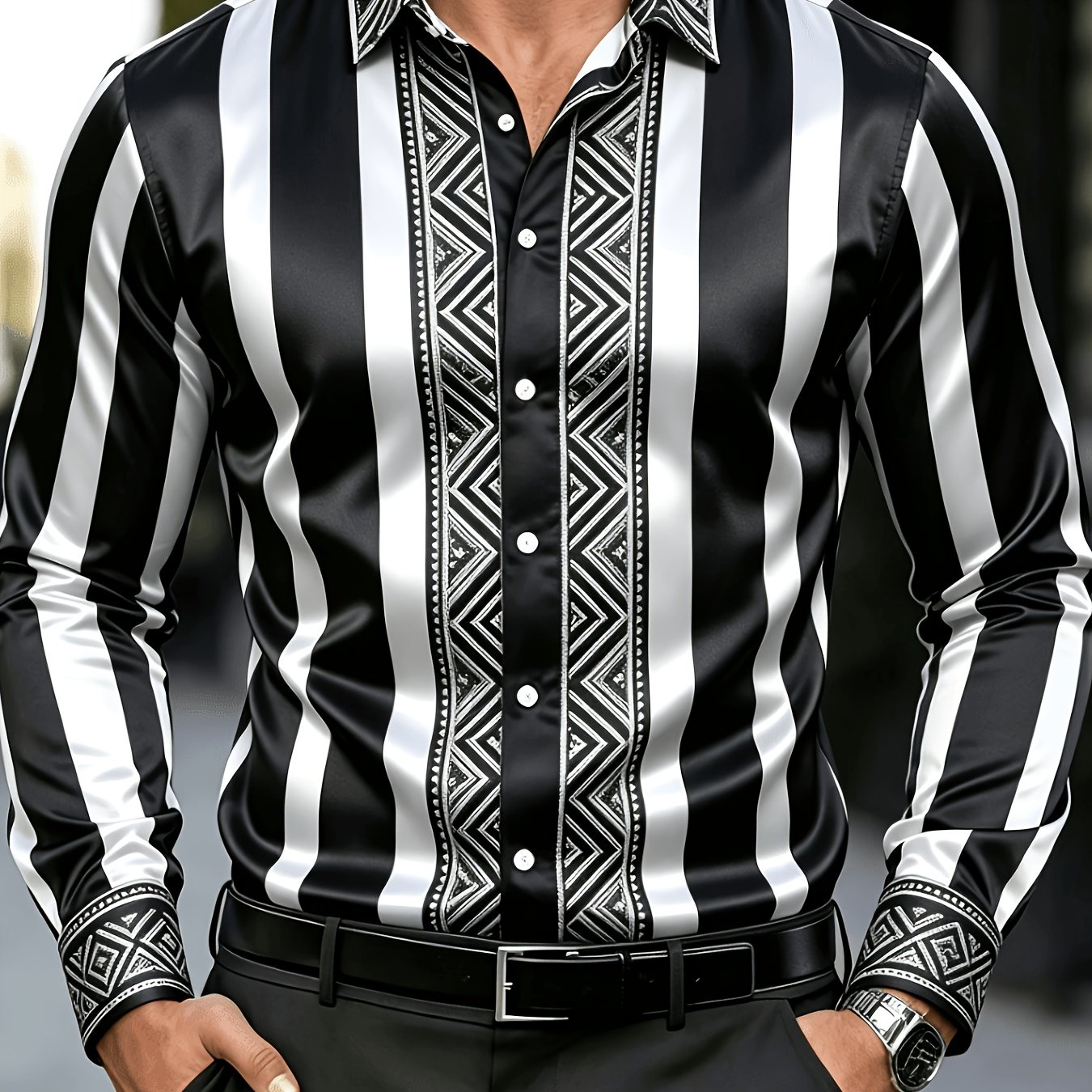 TEMU [printed Design, No Texture] New European And Men's Fashion Long-sleeve Casual Shirt, A Fashionable Top Suitable For : Spring, Summer, Autumn,