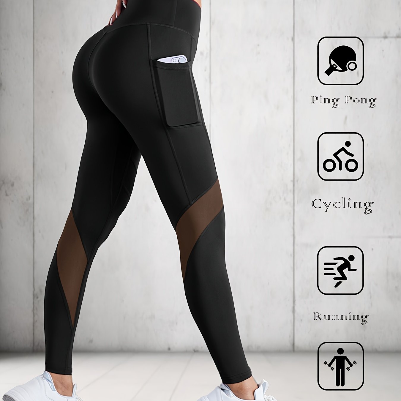 Outdoor Sports Fitness Compression High-waist High-elastic -lifting Solid Mesh Spliced Pocket Women's Yoga Long Pants