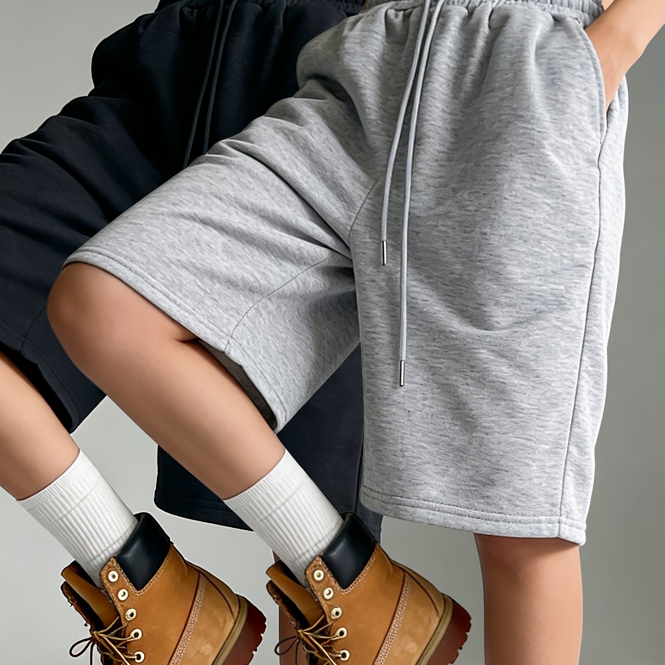 Image of 2pcs Set Asian Size Women's Casual Athletic Shorts Elastic Waist Wide Leg Straight Bermuda Shorts Loose Drawstring Mid-length Shorts