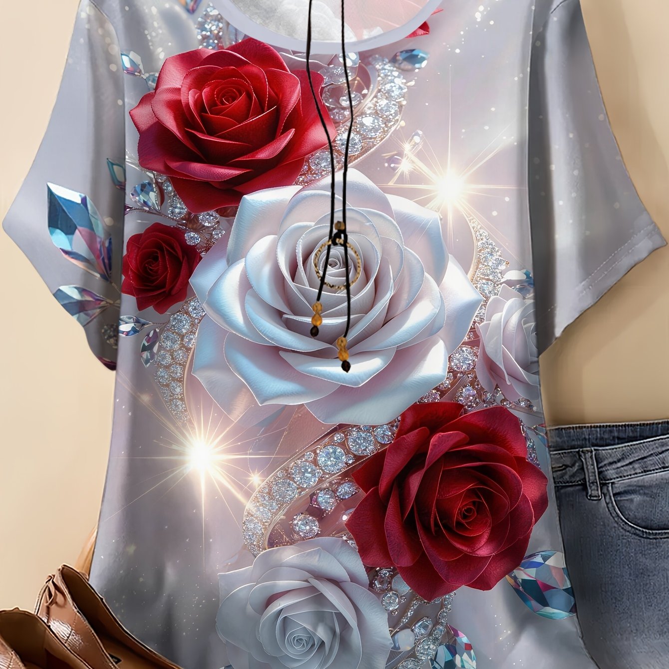 TEMU Plus Size - Women's Plus Size Red And White Floral Print T-shirt, Casual Round Neck Short Sleeve Top, Summer Outdoor Wear