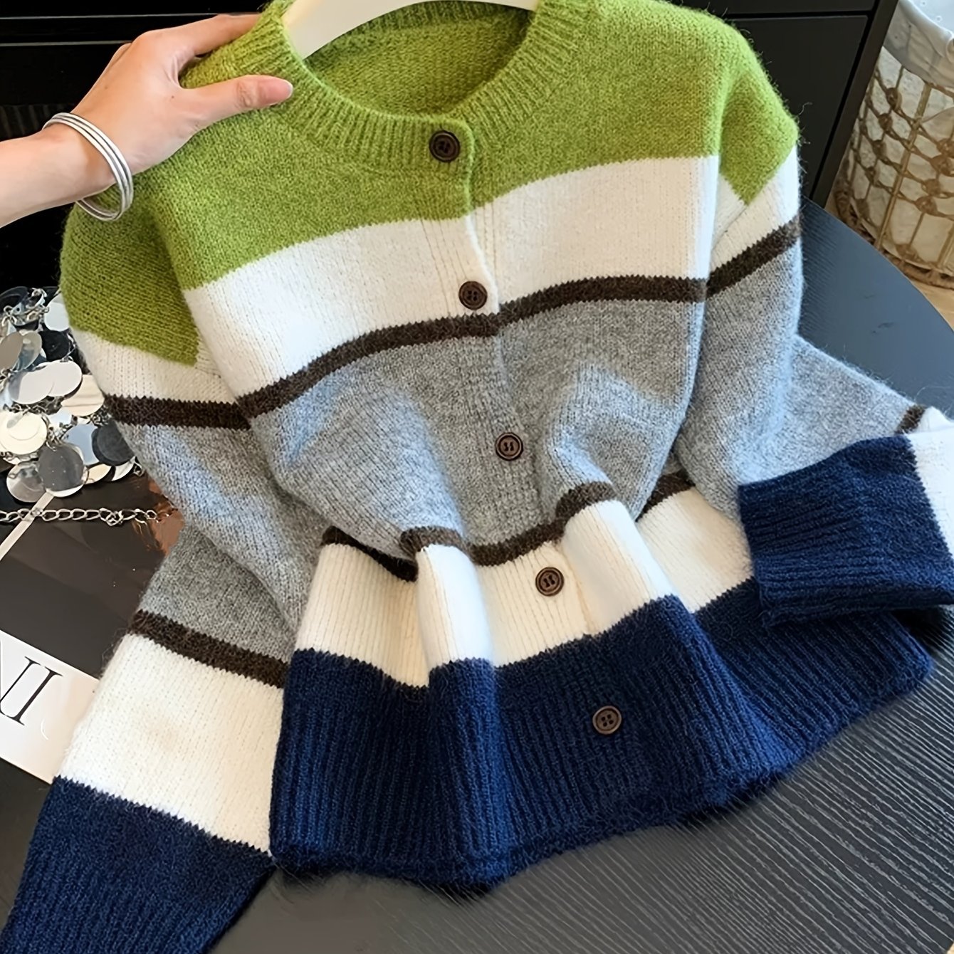 TEMU New European And American Spring, Autumn, Winter Women's Fashionable, Elegant, And Simple Contrast Color Striped Crew Neck Cardigan Open Front