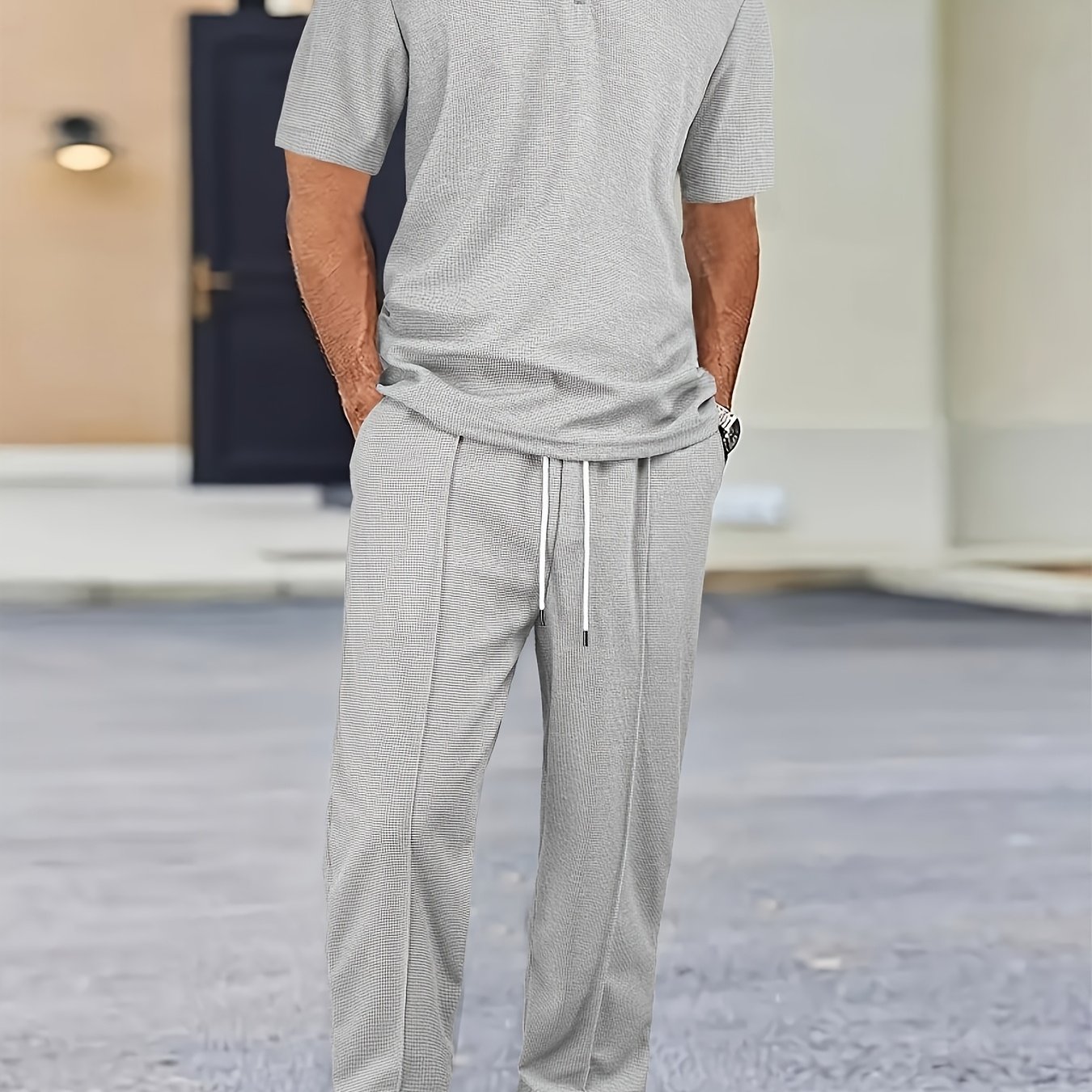 E-shop 2-teiliges Herren-Waffelstrick-Casual-Set mit Reißverschluss-Kurzarmhemd Bundhose, ideal für lässigen im Frühling Sommer