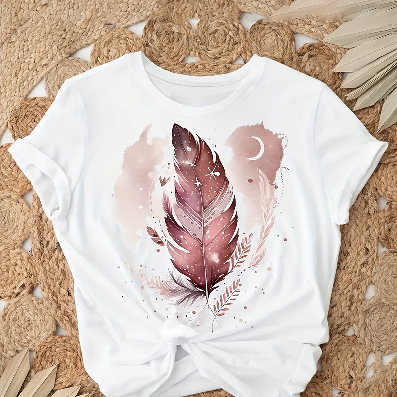 TEMU Women's Bohemian Tropical Print T-shirt - Vintage Watercolor Moon & Design With Soft Pink & Golden Accents, Breathable Round Neck, Machine