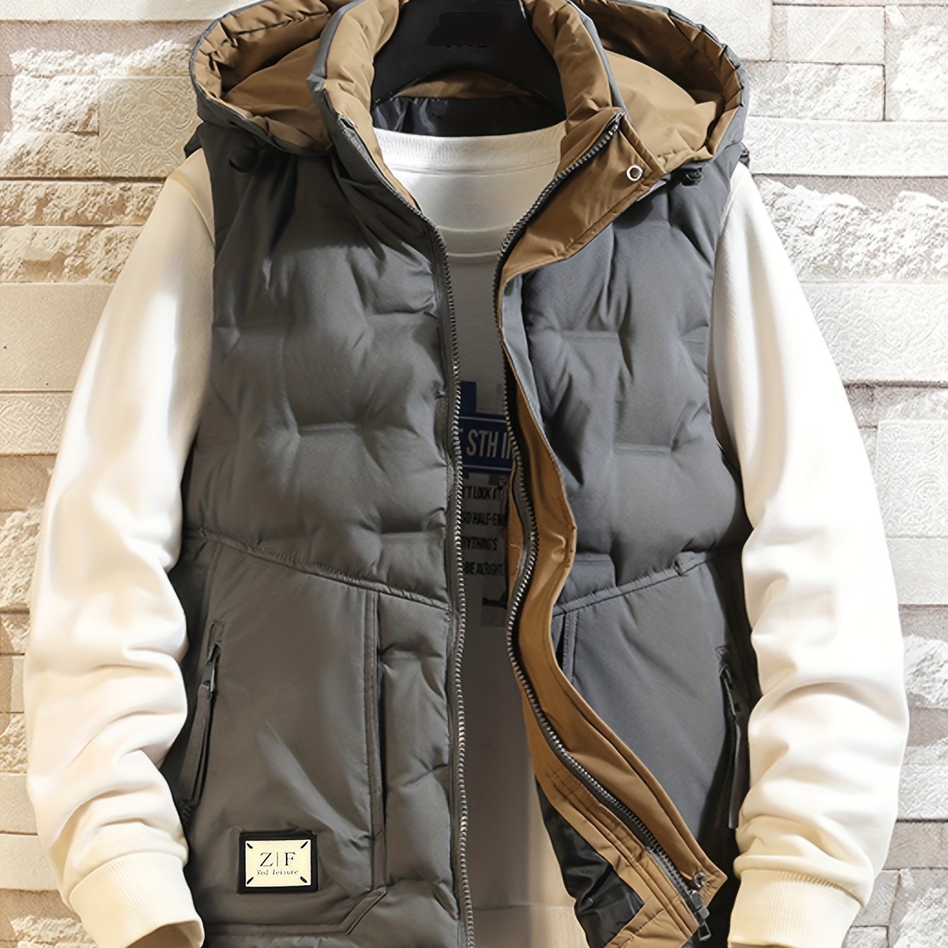 [ Obm] Men's Fall Winter Casual Hooded Blazer, Thickened Warm Hooded , Regular Fit Sleeveless Jacket, Suitable For Fall Winter Outdoor Leisure Sports