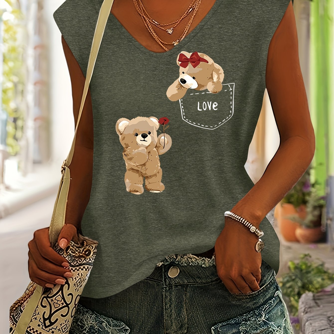 TEMU T-shirt da donna casual colorata con scollo a V, spalle senza cuciture, maniche corte e due stampe di carini in stile e americano