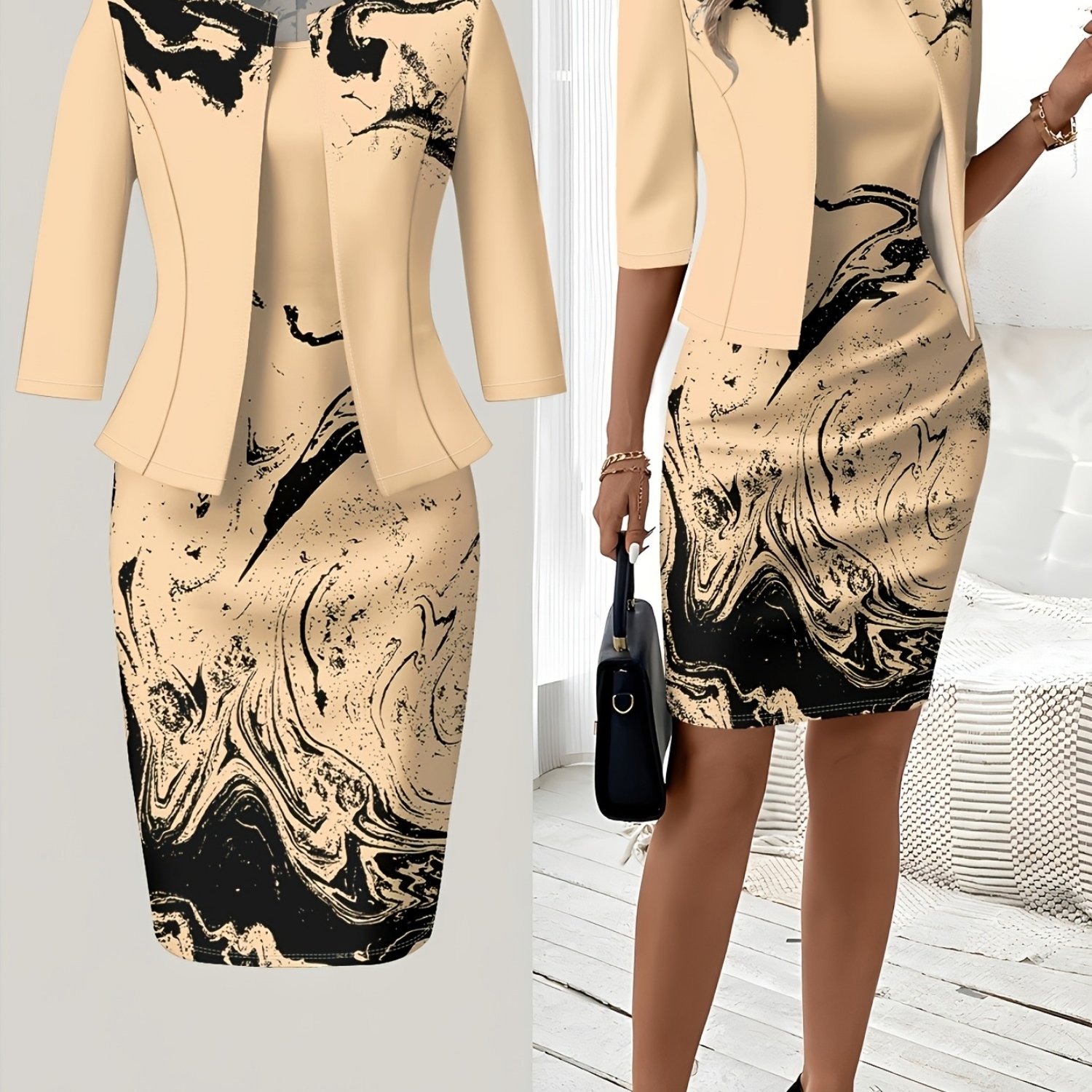 E-shop Bedrucktes Design Herbst- und Winterstile Lässiger Stil Abstrakte Schwarz-Beige Wirbel Rundhals Kleid Anzug