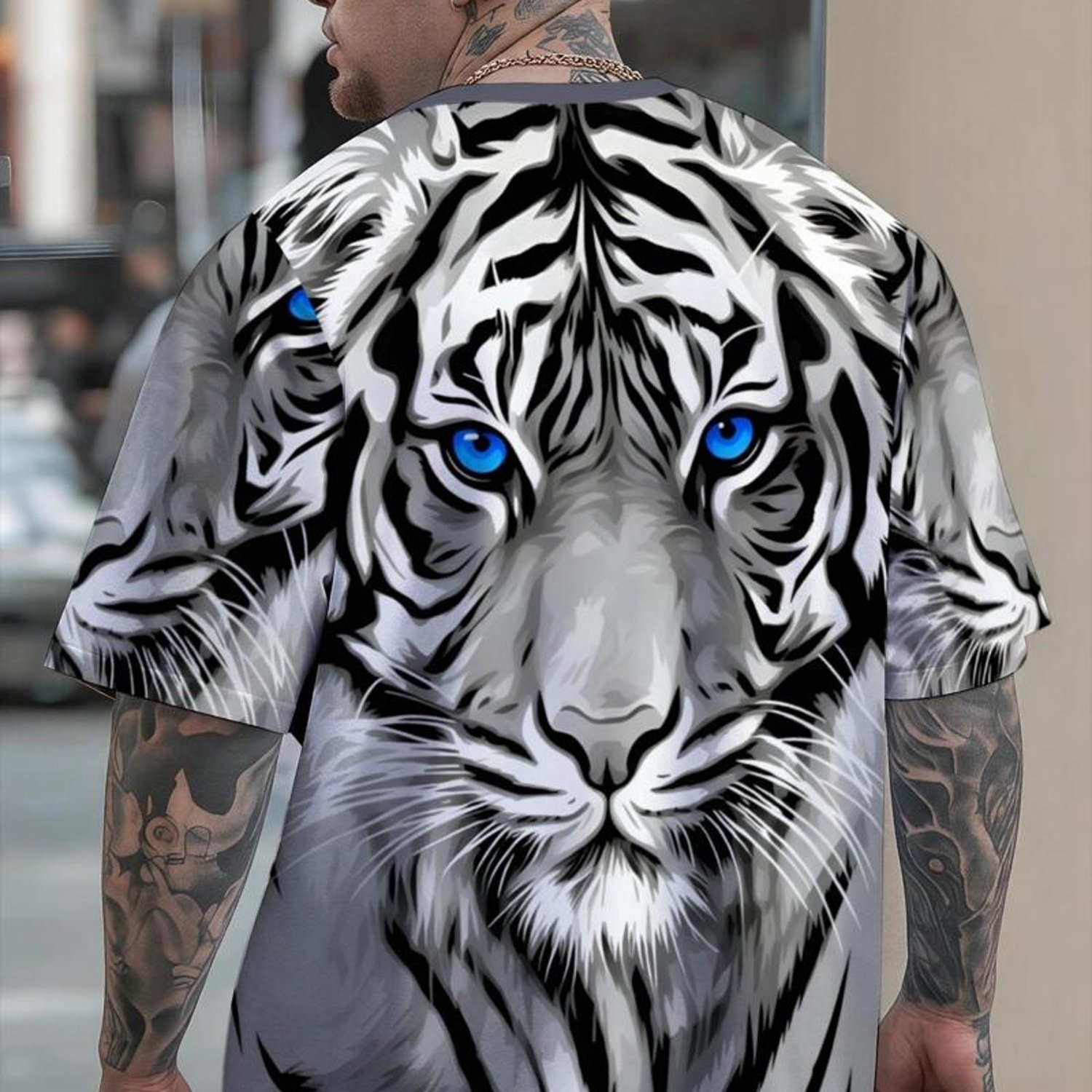 TEMU Men's Plus Size T - Shirt, White Tiger Graphic, Mixed Color, Multiple Specifications Available, Casual Daily Wear, Comfortable Breathable,