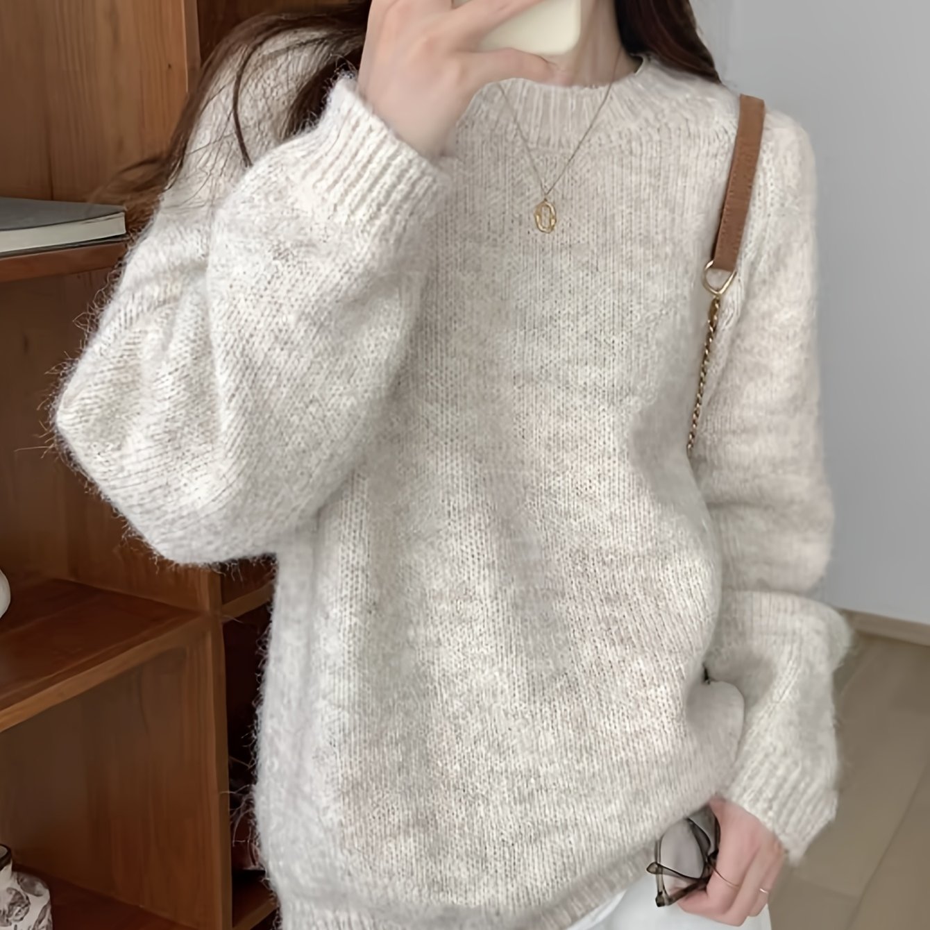 E-shop Damen Beige Pullover - Weicher Langarm Pullover, Herbst Winter Freizeit- und formelle Kleidung, Bequeme dicke Oberbekleidung, Faserstruktur,