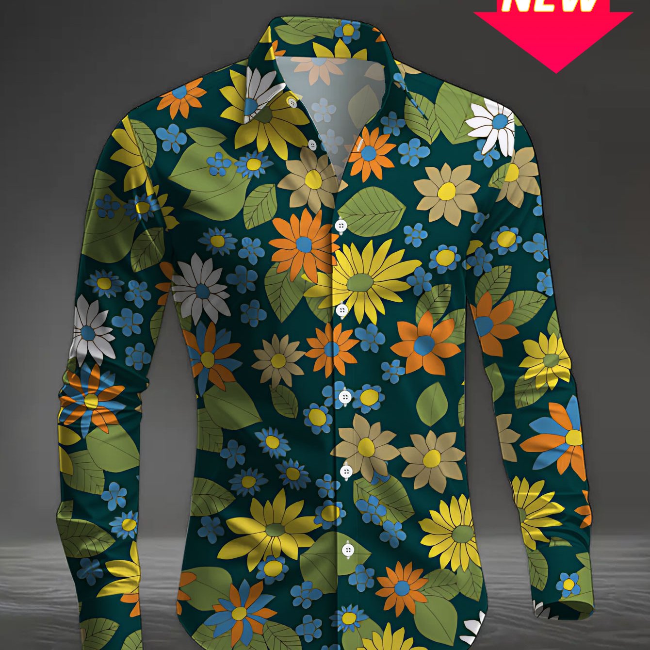 TEMU Plus Size Men's Casual Long Sleeve Printed Shirt With Floral Pattern , Yellow, Blue, And Orange - Versatile And Stylish Button- Lapel Shirt For