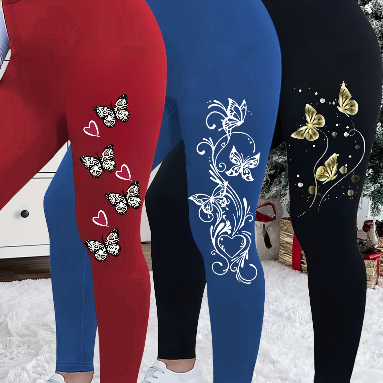 TEMU Plus Size, Christmas Extended 3pcs Set Plus Size Women's S Long Pants, Women's Plus Size Printed Stretch Waist Long Pants Leggings