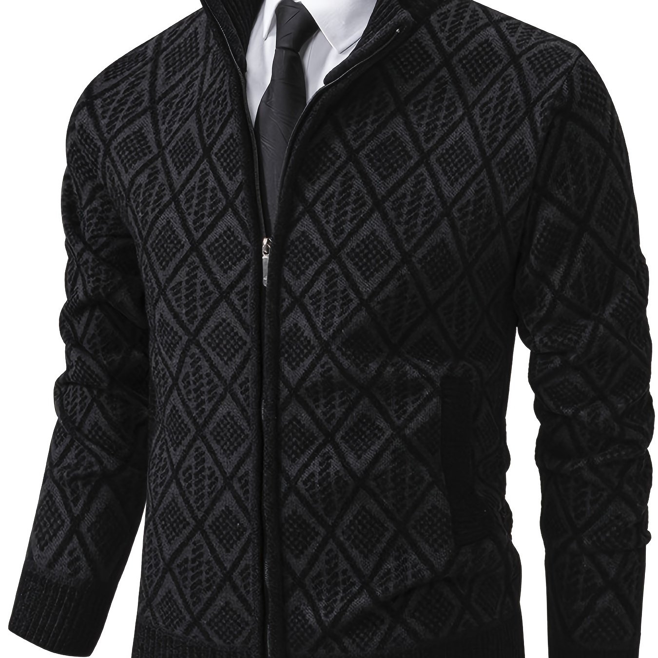 Image of Men's Knit Sweater, Korean Style Autumn/winter Casual Stand Collar Cardigan Coat, Comfortable And Versatile Rhombus Pattern