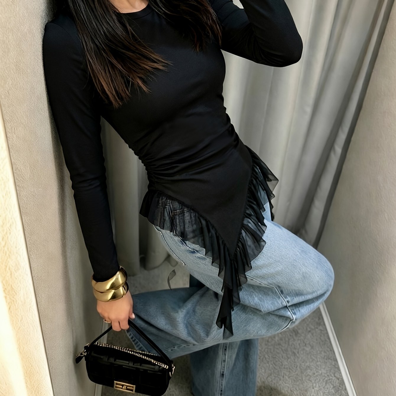 TEMU Women's Autumn Elegant Long Sleeve Solid Color Top Made Of Fitted Fabric With Unique Asymmetrical Mesh Ruffle Design