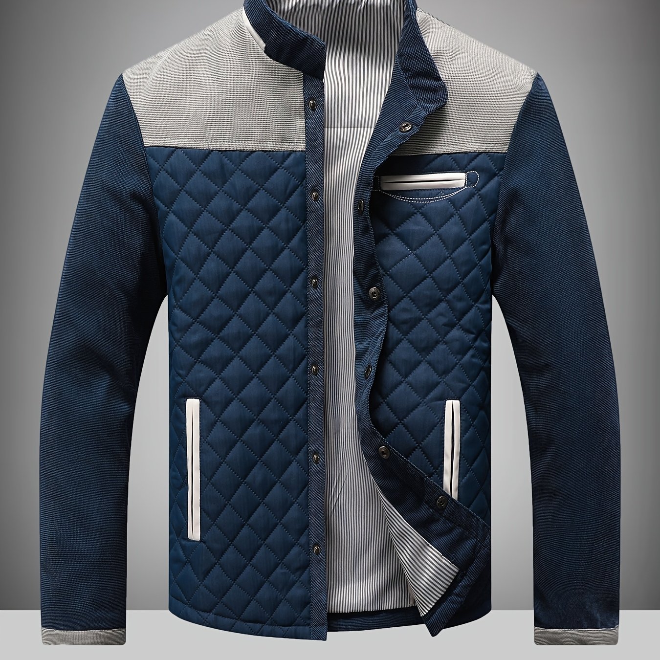 TEMU Men's Casual Jacket - Color-block Lightweight Warm Jacket With Chest Pocket, Vintage Design, Men's Vintage Style Quilted Jacket, Collar, Snap