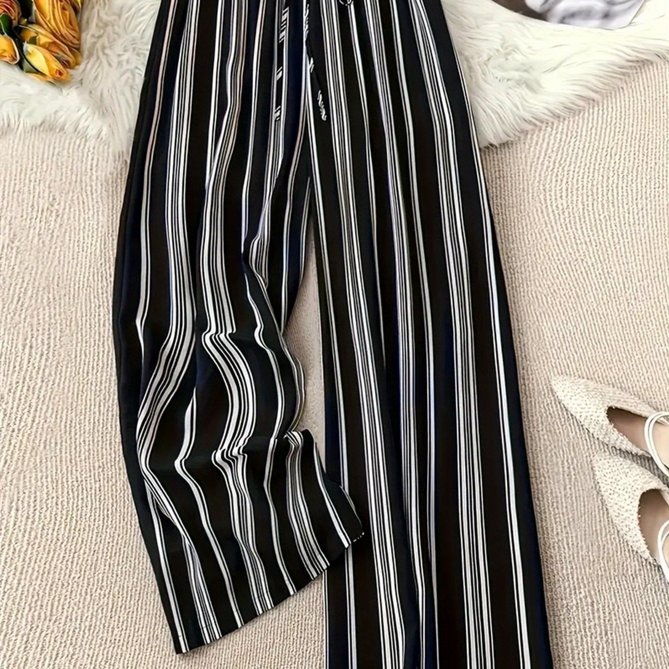TEMU Plus Size, Women's Plus Size Classic Striped Wide-leg Printed Pants, Draping Stripes For A And Versatile Commuter Look, Casual Travel And