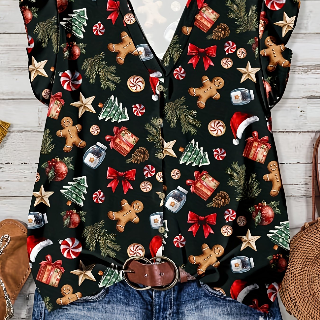 TEMU Plus Size, Santa-Hut-Druck, Casual Einfaches Ärmelloses Shirt, Ideal für Party-Outfits