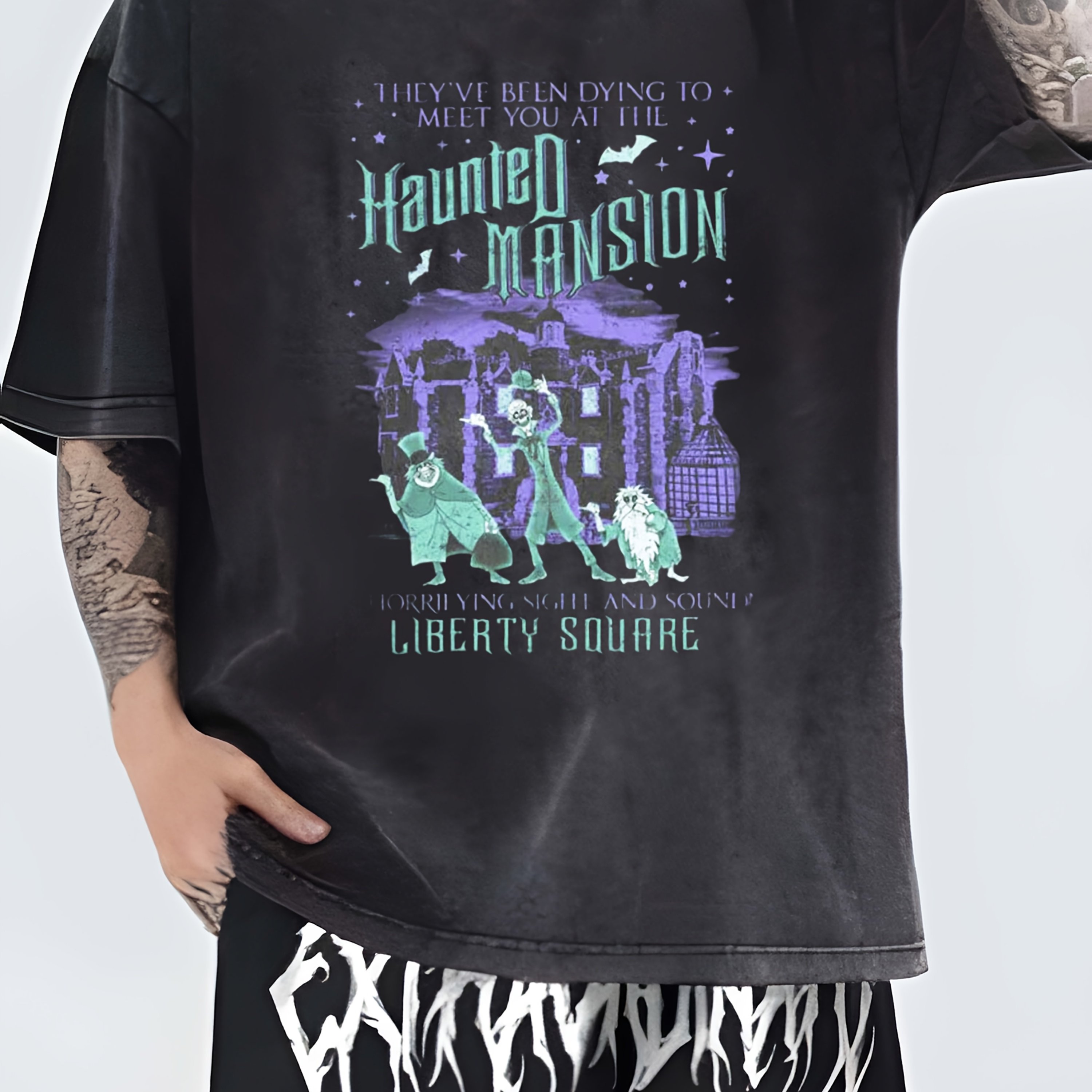 TEMU Men's & Women's Haunted Mansion Graphic T-shirt - Vintage Washed Black Tee With Haunted Mansion Theme, Loose Fit Short Sleeve Round Neck Casual