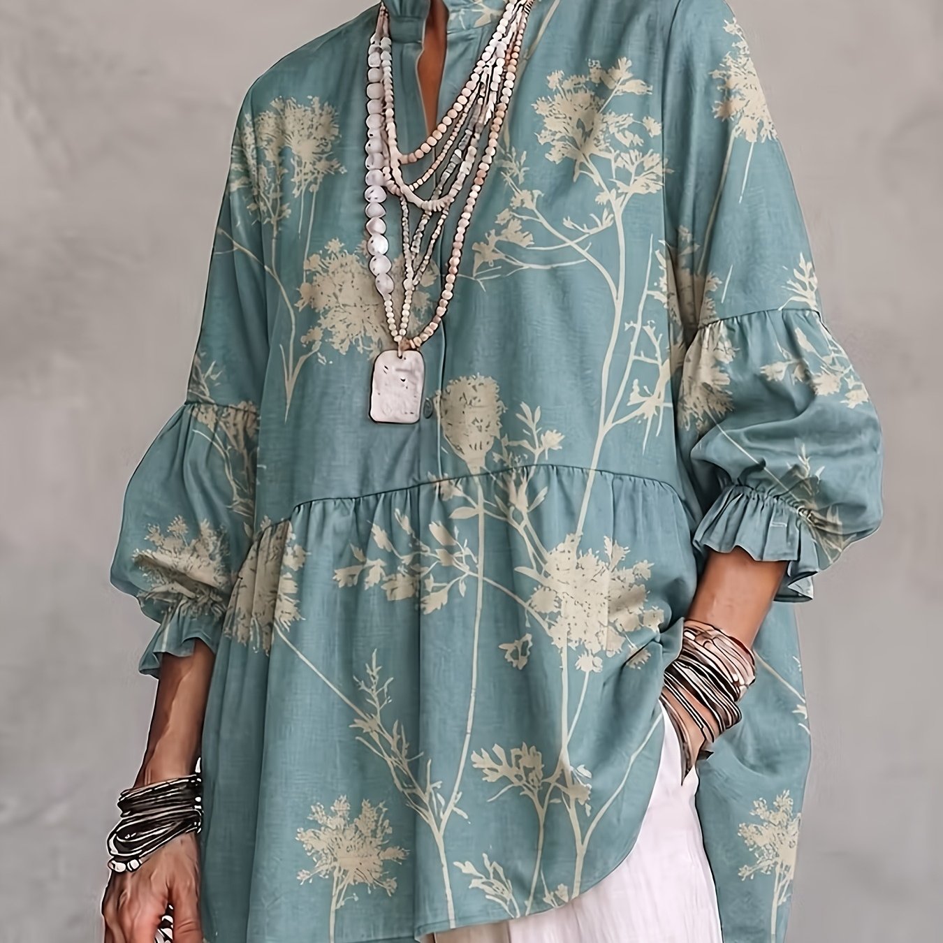 TEMU Plus Size Women's Vintage Print Stand Collar Three-quarter Sleeve Casual Loose Top, Suitable For Travel And Commuting