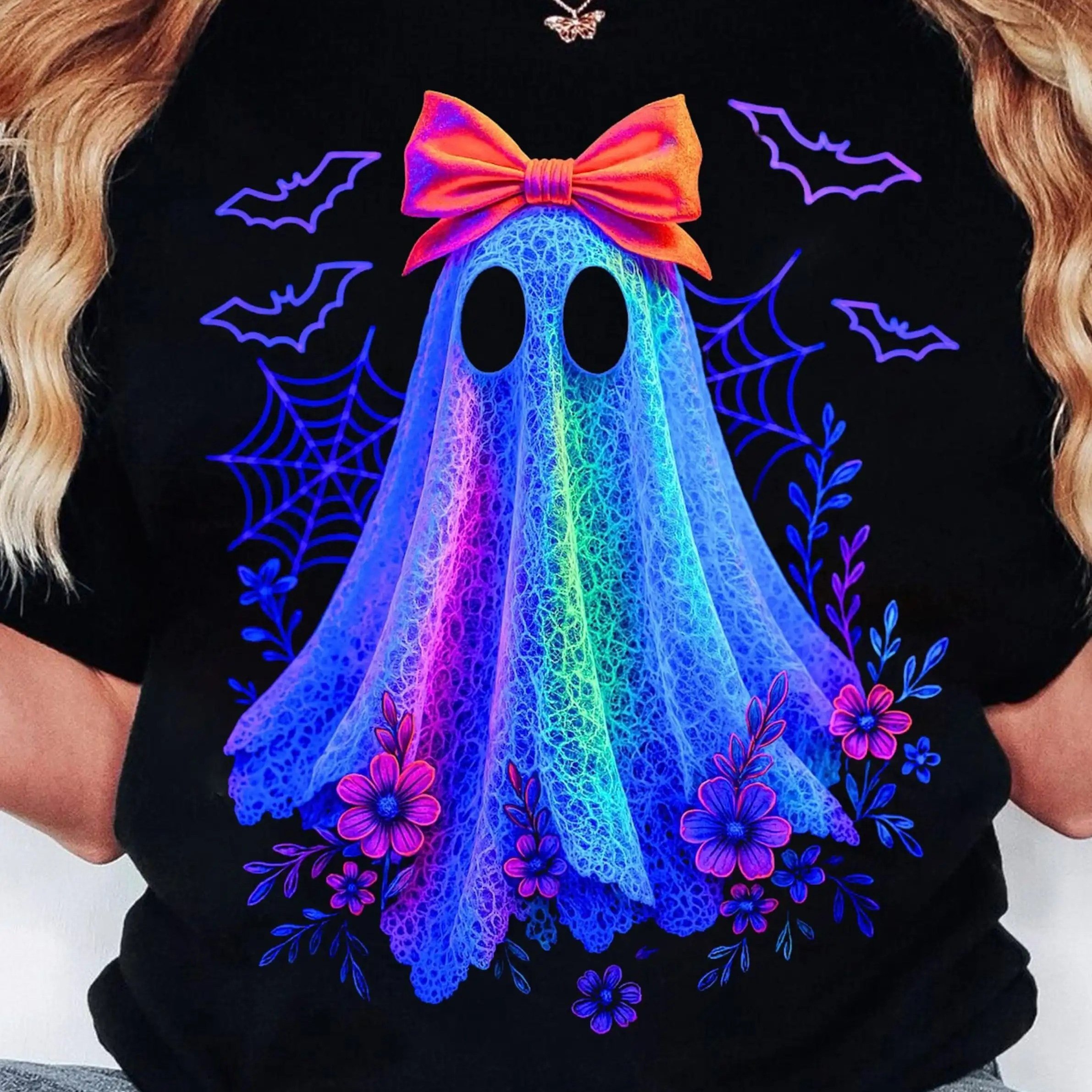 TEMU Women's Halloween "boo" Graphic T-shirt- Cute Lace With Rainbow& , Short Sleeve, Round Neck, Comfortable, Casual Short Sleeve Tee | Graphic Tee | Breathable Fabric