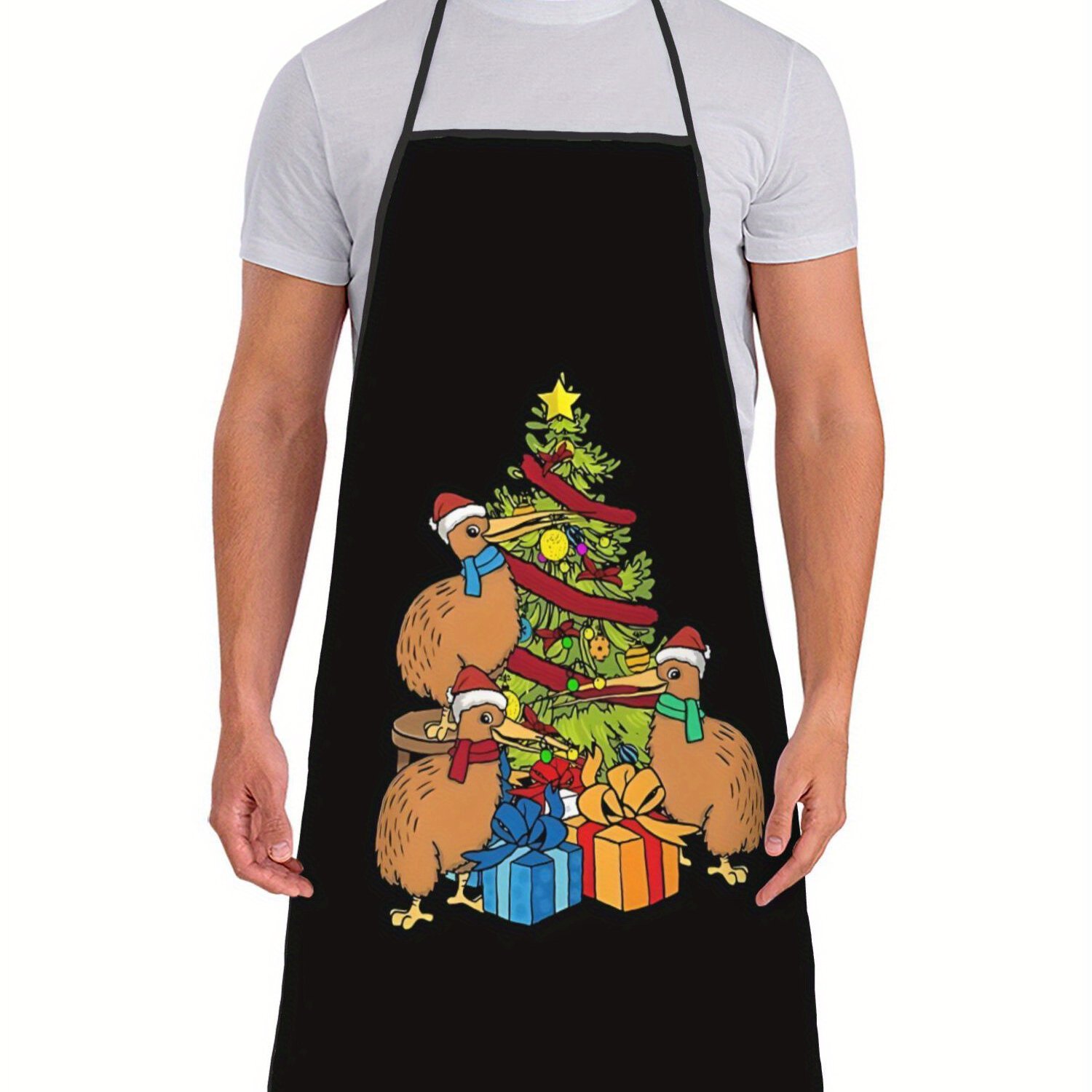 TEMU [] Vintage Kiwichristmas Tree New Zealand Apron - Festive Printed Kitchen Wear For Cooking & Restaurant Use, Black With Colorful Holiday Design,