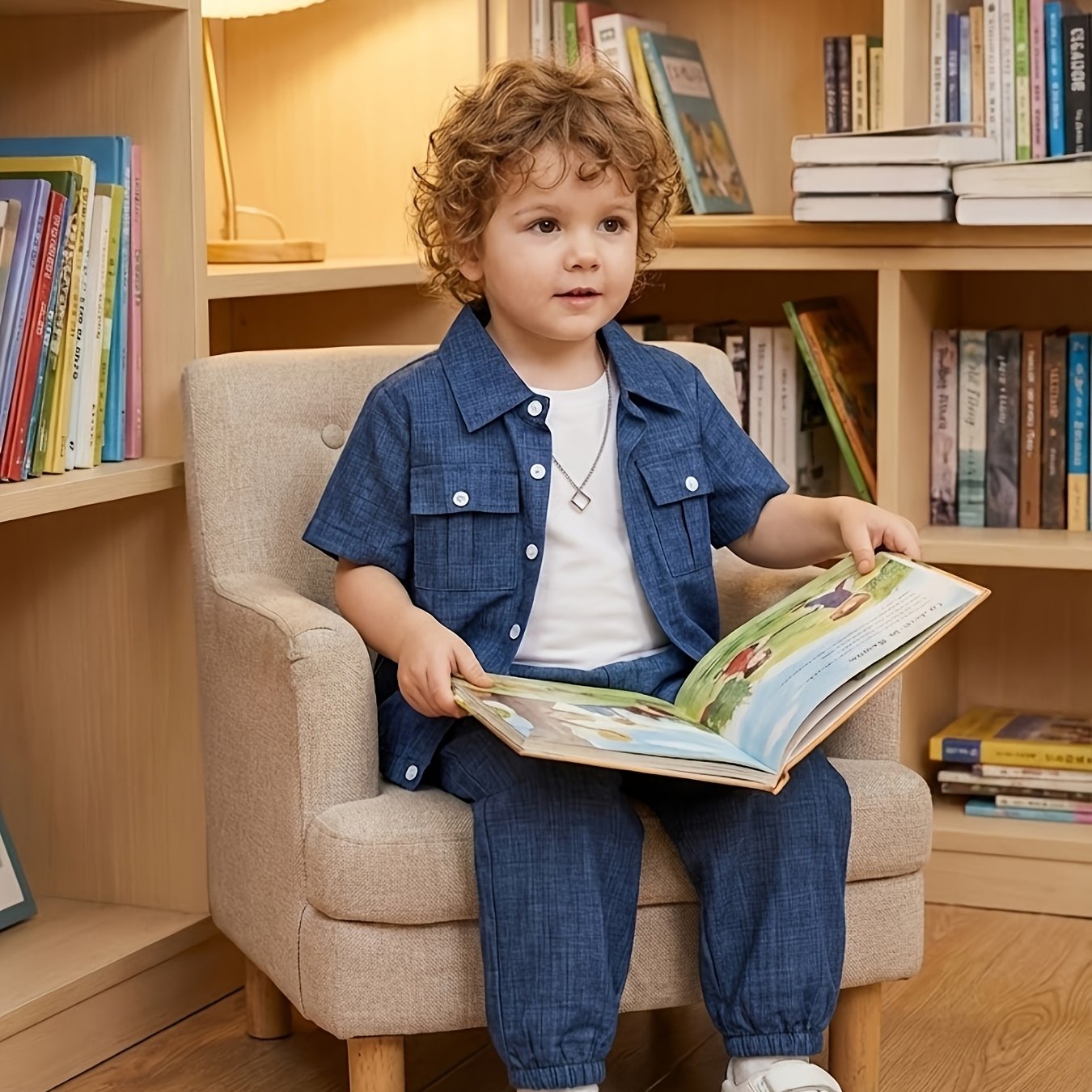 E-shop 2-teiliges Kinder-Set, Blaue Serie, Kurzarmhemd mit mehreren passender Hose, lässiger strukturierter Stil, einfach , bequemes Outfit für den
