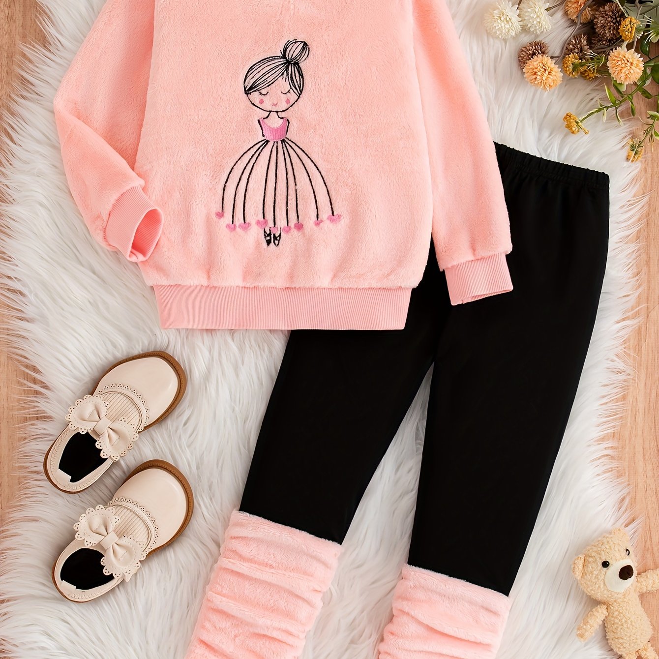 Image of Girls' Casual Leisure Outing Fashion Embroidered Cartoon Pattern Round Neck Long Sleeve Double-faced Fleece Top And Long Pants 2pcs Set Girls' Long Pants Set Autumn Winter, For Outdoor