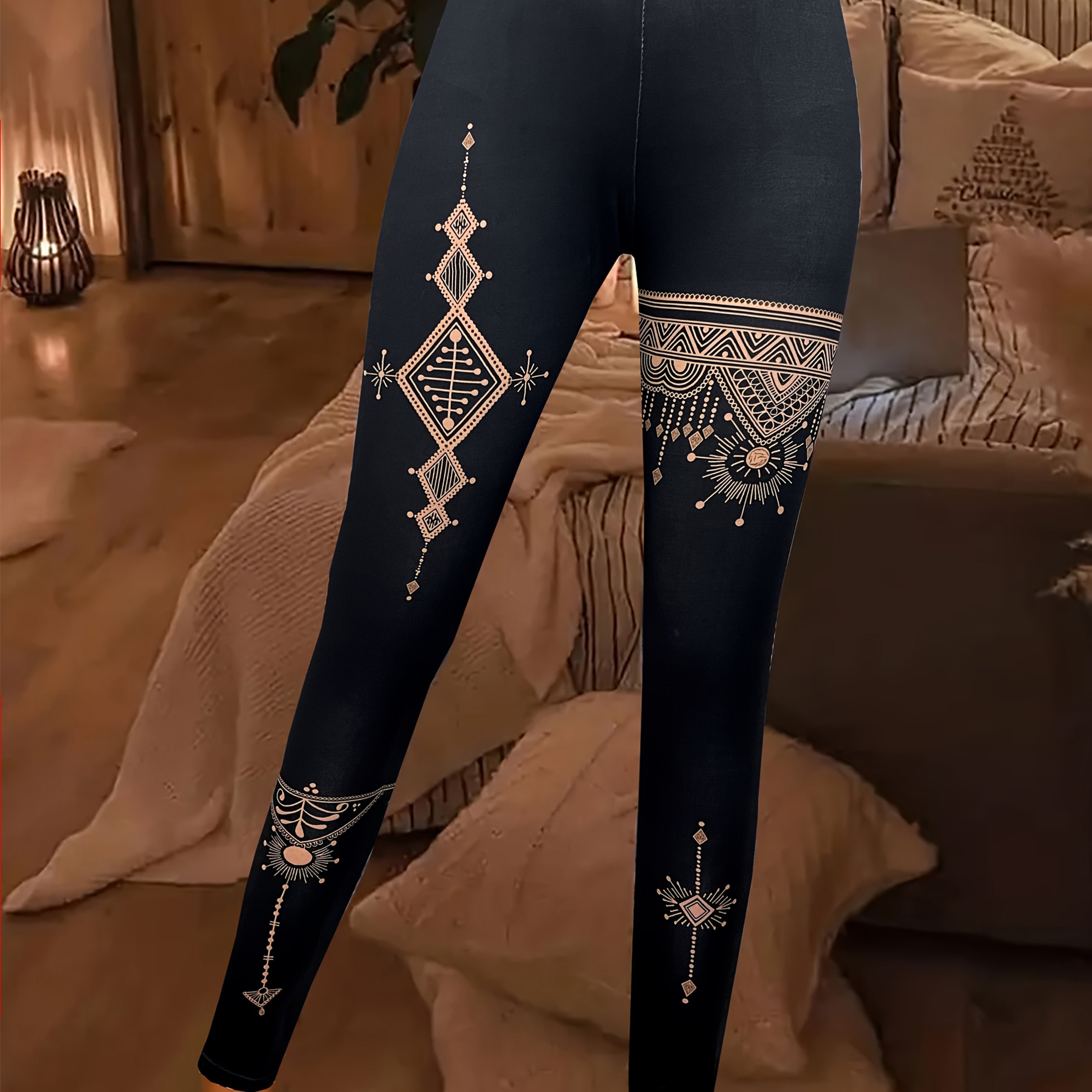 Ethnic Style Geometric Pattern Print Skinny Leggings, Casual Women's Trousers