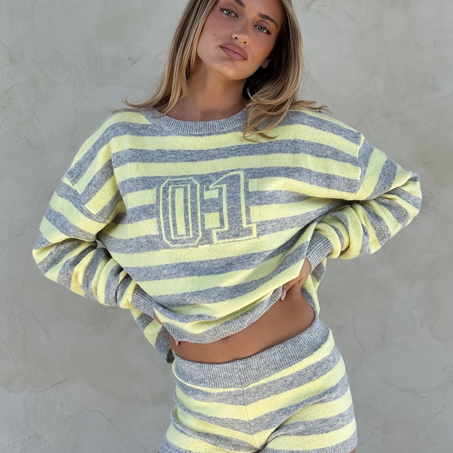 2025 Autumn/winter New Women's Elegant Striped Long Sleeve Top And Shorts Pullover Set