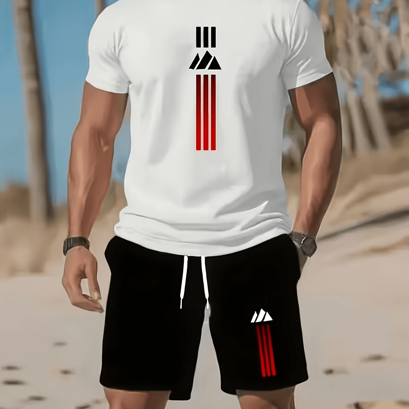 TEMU Men'-piece Swimsuit, Decorated With Red Stripes And Triangle Print Patterns. Quick-drying, Includes A Total Of 2 Short-sleeved Tops And Shorts,