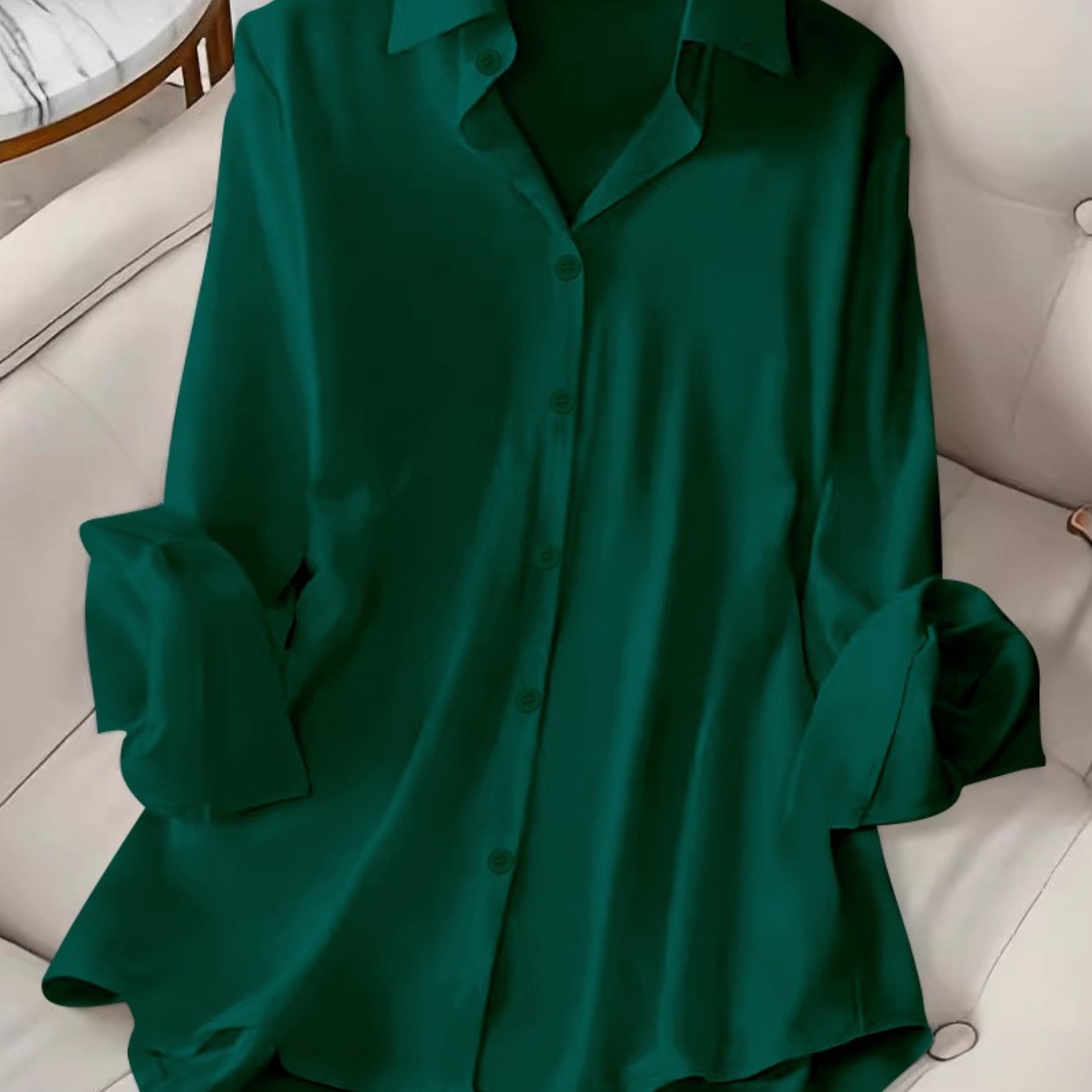 TEMU Spring Summer New Style Fashion Women's Shirt Turn Collar Single Row Button Solid Color Long Sleeve Hem Full Of Sense