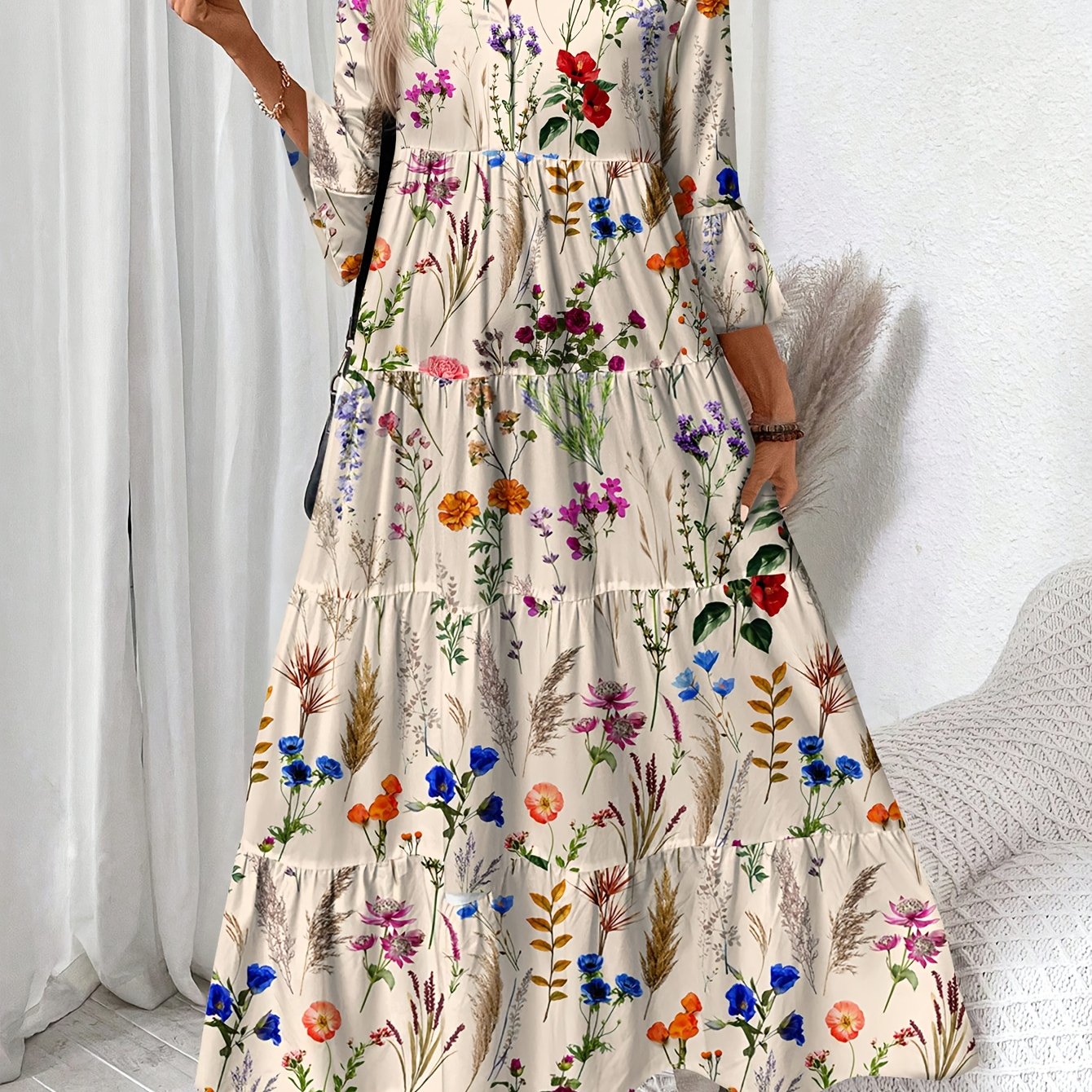 E-shop Damen Aquarell Blumenmuster V-Ausschnitt Rüschen Langarm Kleid, geeignet für Frühling Sommer Herbst
