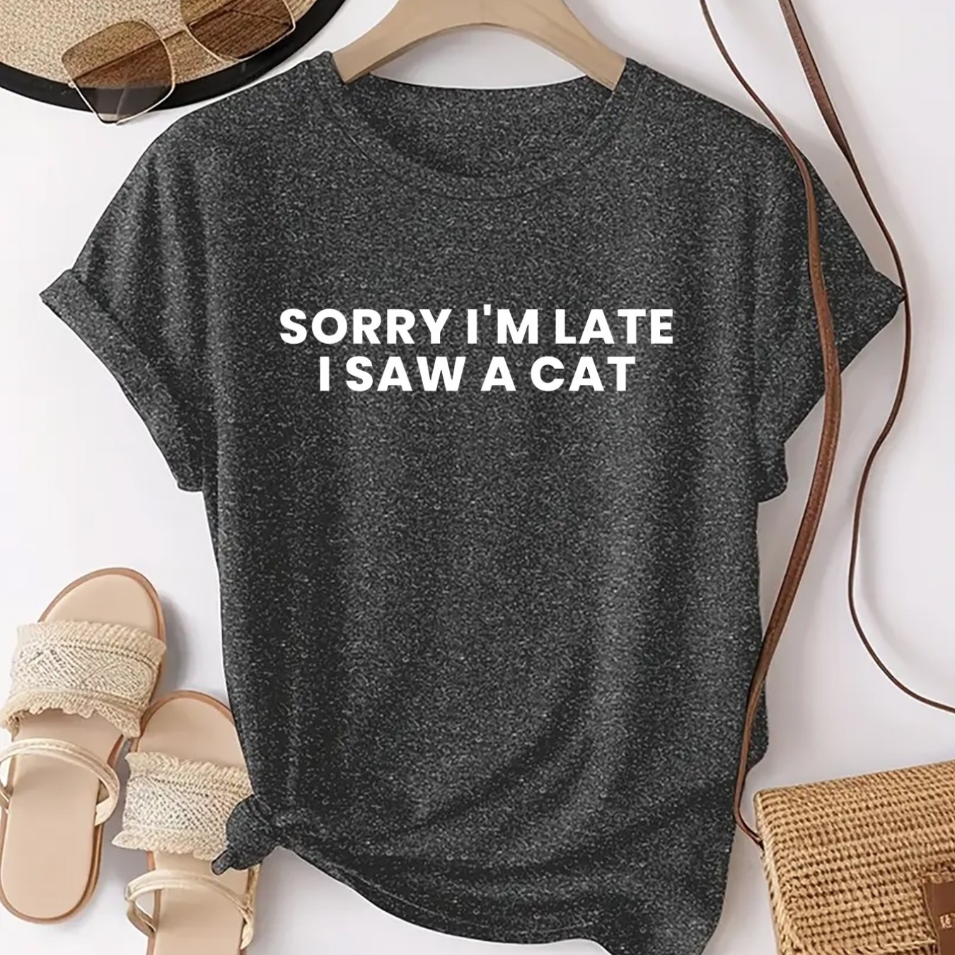 TEMU For Being Late; By A Cat. Stylish And Comfortable Short-sleeve T-shirt For Women With A Round Neck And Trendy Printed Patterns, Perfect For
