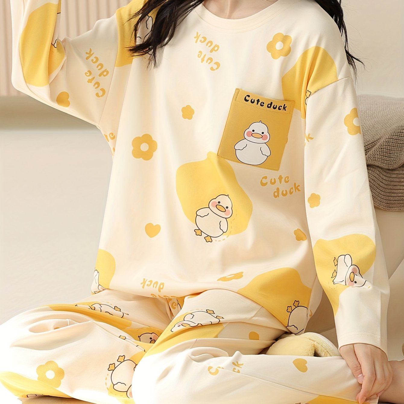 ZRWLUCKY Women's Cute Duckling Print Pajama Set - Short Sleeve Top & Shorts With Pockets - View #7