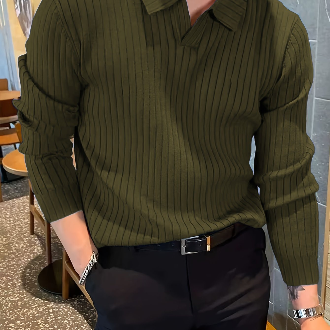 TEMU Men's Winter New Arrival Warm Knit Shirt Long Sleeve Top, Premium Ribbed Knit Fabric, Classic V-neck Design, Multiple Colors , Solid Color