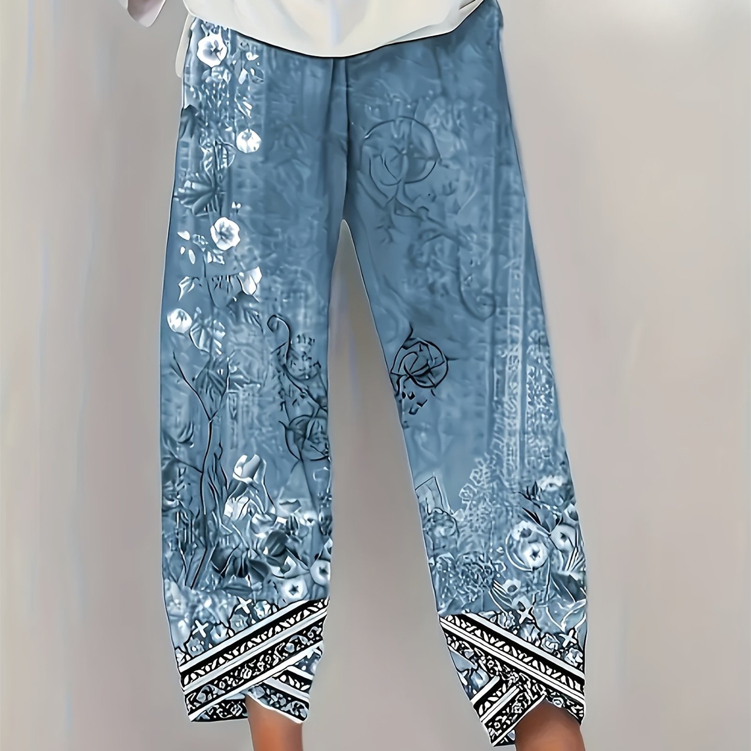 TEMU Printed Design – Not Textured: Women's Vintage Floral Capri Pants With Exotic Patterns, Elastic Waistband, And Pockets. A Cool And Comfortable